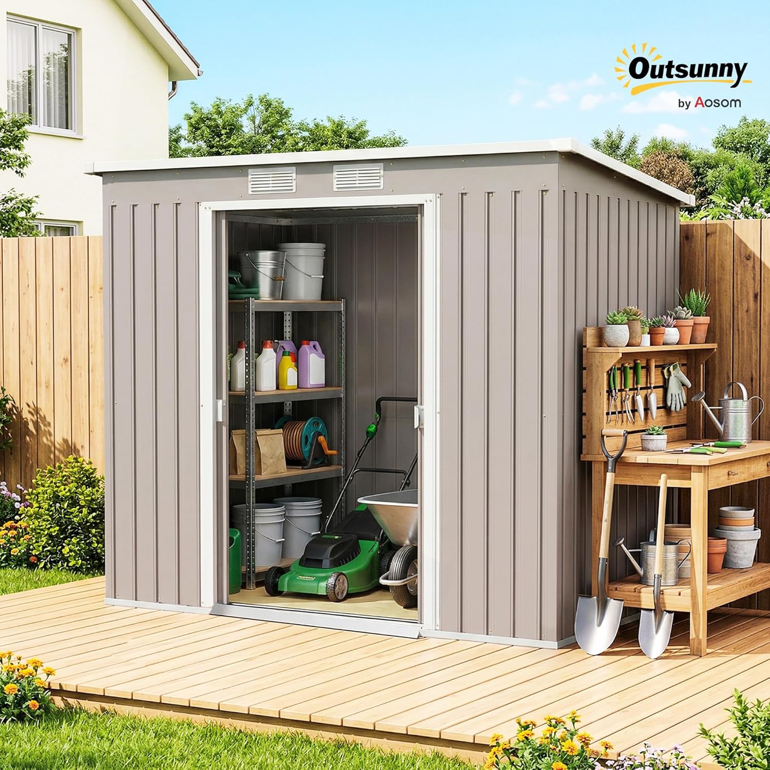 Outsunny Metall Gerätehaus 2,42 m2, Geräteschuppen mit Pultdach Abschließbarer Doppelschiebetür Belüftung Bodenrahmen, 213 x 130 x 172 cm, wetterfest Outdoor Gartenhaus für Hinterhof Garten Hellgrau — Ansicht 2