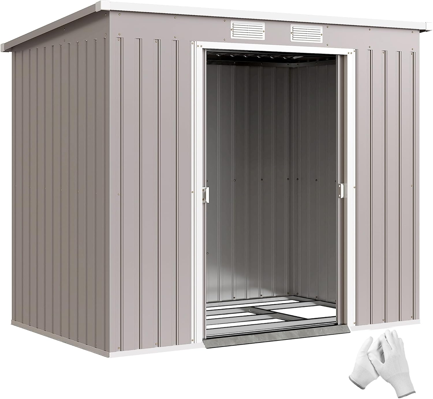 Outsunny Metall Gerätehaus 2,42 m2, Geräteschuppen mit Pultdach Abschließbarer Doppelschiebetür Belüftung Bodenrahmen, 213 x 130 x 172 cm, wetterfest Outdoor Gartenhaus für Hinterhof Garten Hellgrau