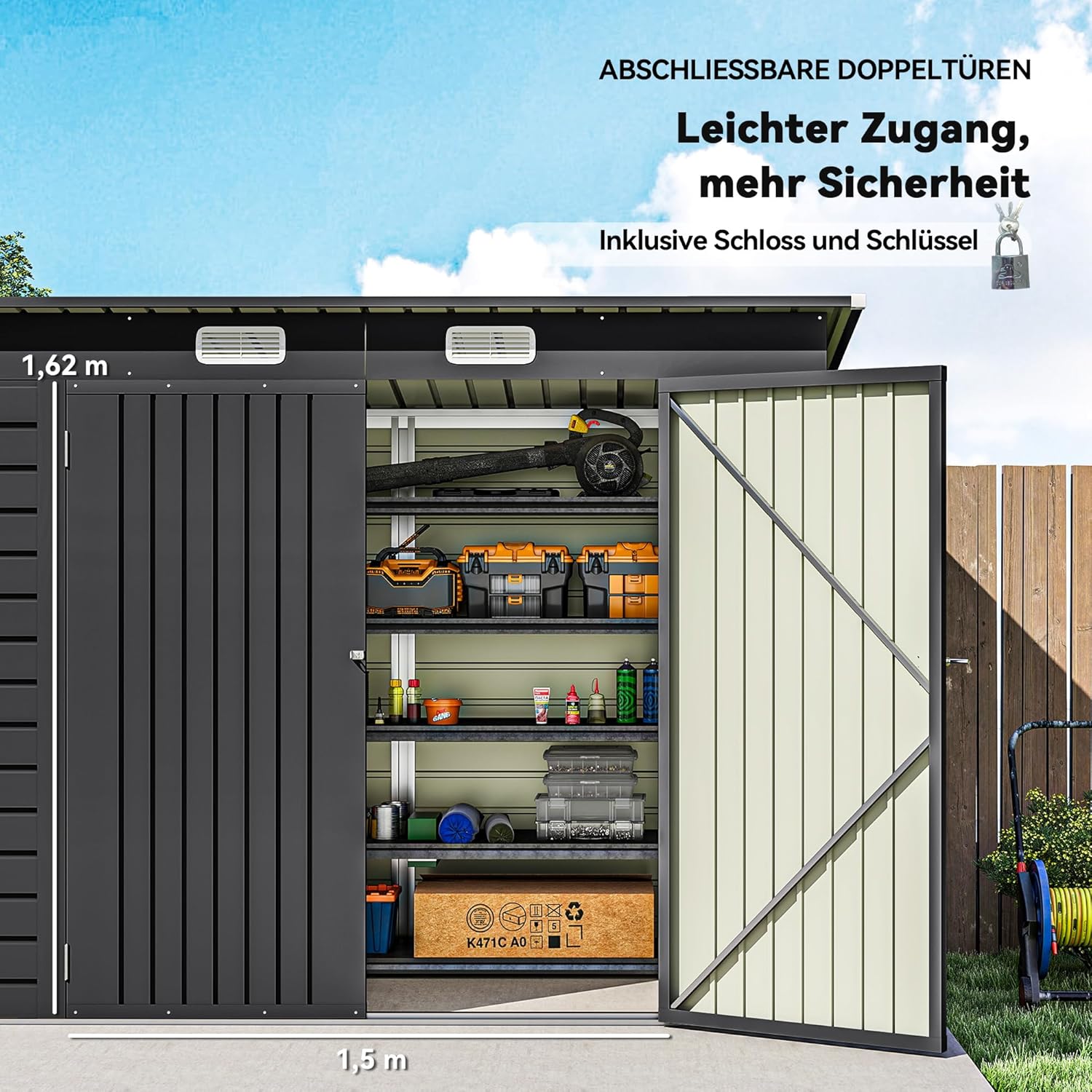 Outsunny Metall Gerätehaus 2,7 m2 249x121x183cm Geräteschuppen mit Pultdach Abschließbarer Doppeltür Fenster Gartenhaus Outdoor Garten Schuppen Schrank für Hinterhof Außenbereich Grau — Ansicht 5