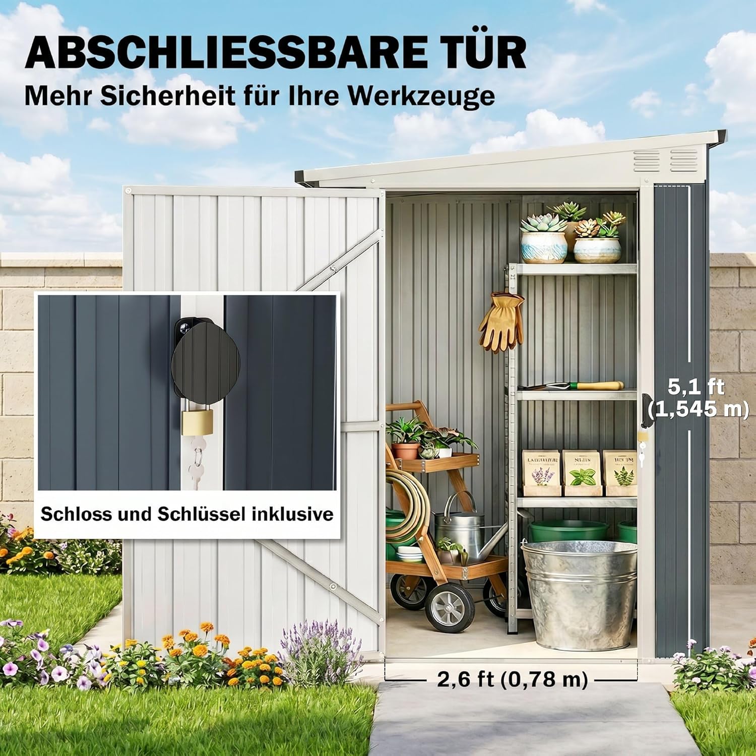 Outsunny Metall Gerätehaus 2,7m2 128x231x181cm Geräteschuppen mit Pultdach Fenster Abschließbarer Tür wetterfest Gartenhaus Outdoor Garten Schuppen für Hinterhof Außenbereich Dunkelgrau — Ansicht 4
