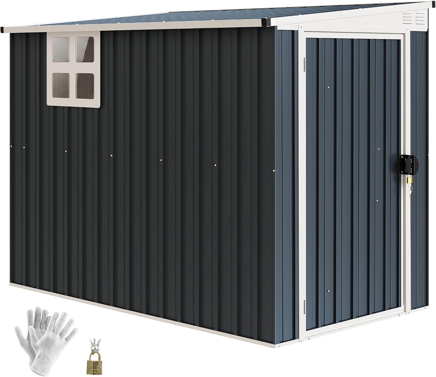 Outsunny Metall Gerätehaus 2,7m2 128x231x181cm Geräteschuppen mit Pultdach Fenster Abschließbarer Tür wetterfest Gartenhaus Outdoor Garten Schuppen für Hinterhof Außenbereich Dunkelgrau