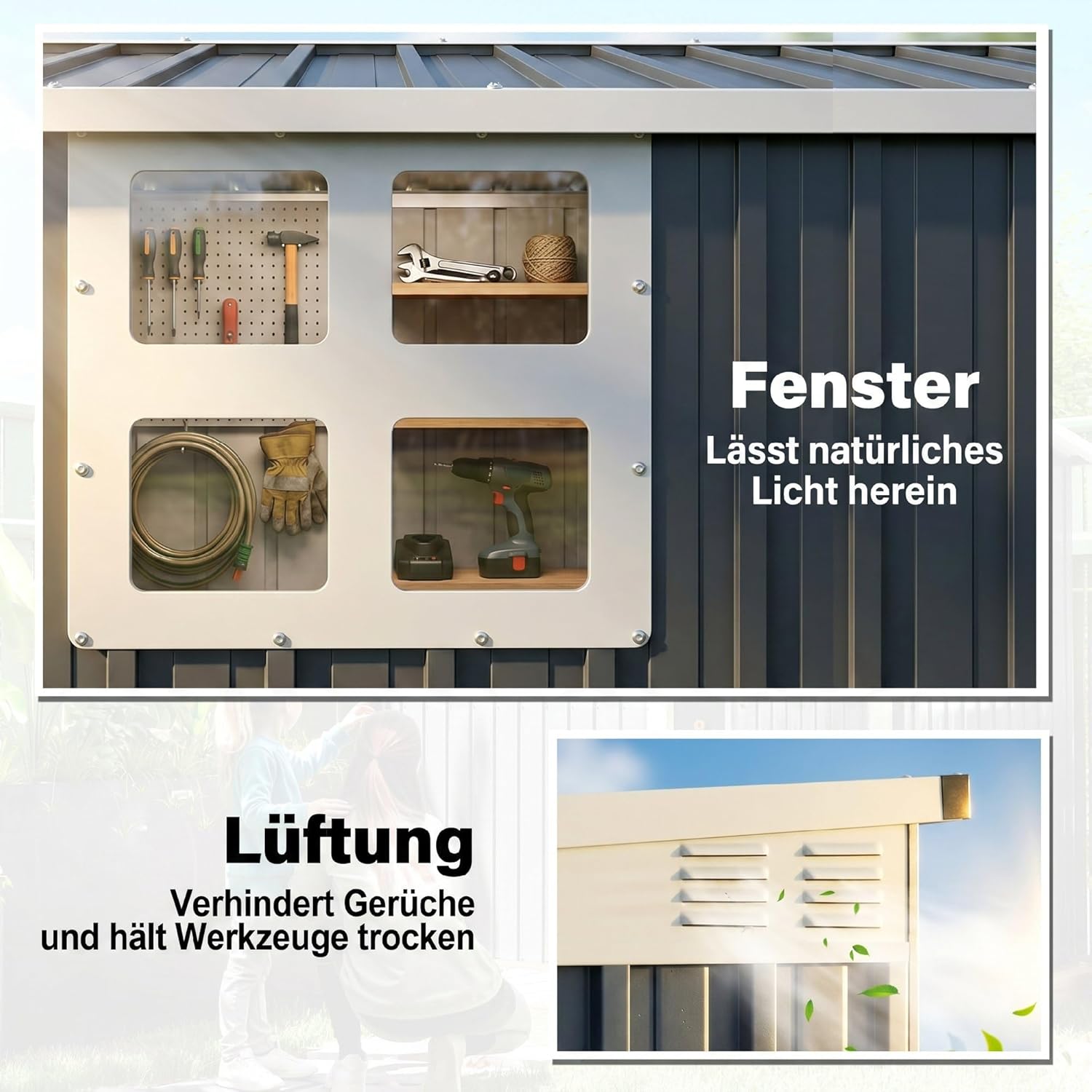 Outsunny Metall Gerätehaus 2,7m2 128x231x181cm Geräteschuppen mit Pultdach Fenster Abschließbarer Tür wetterfest Gartenhaus Outdoor Garten Schuppen für Hinterhof Außenbereich Dunkelgrau — Ansicht 6