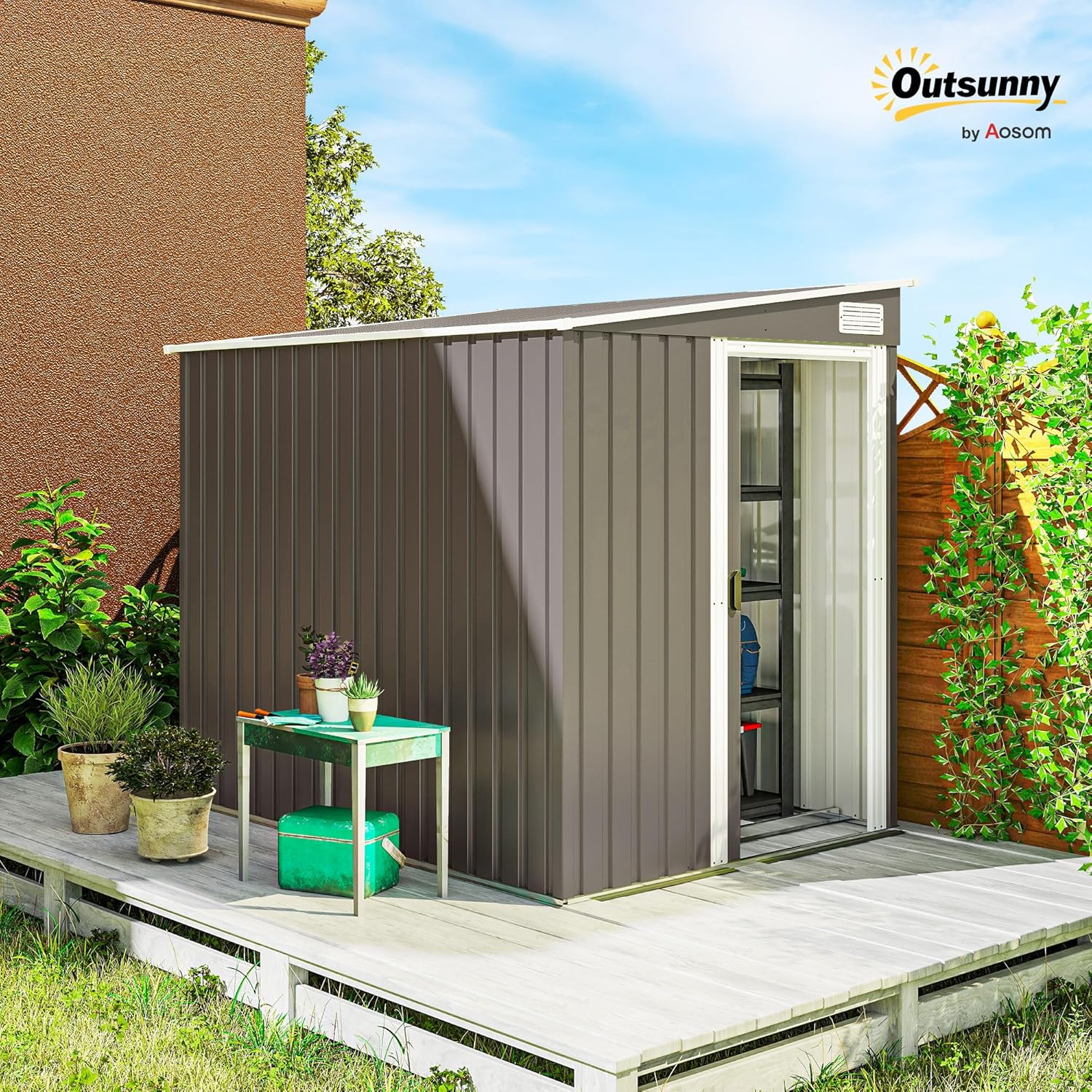 Outsunny Metall Gerätehaus 2,81m2 154x206,5x181 cm Geräteschuppen mit Pultdach Fundament Schiebetür wetterfest Gartenhaus Outdoor Garten Schuppen Schrank für Hinterhof Außenbereich Hellgrau — Ansicht 2