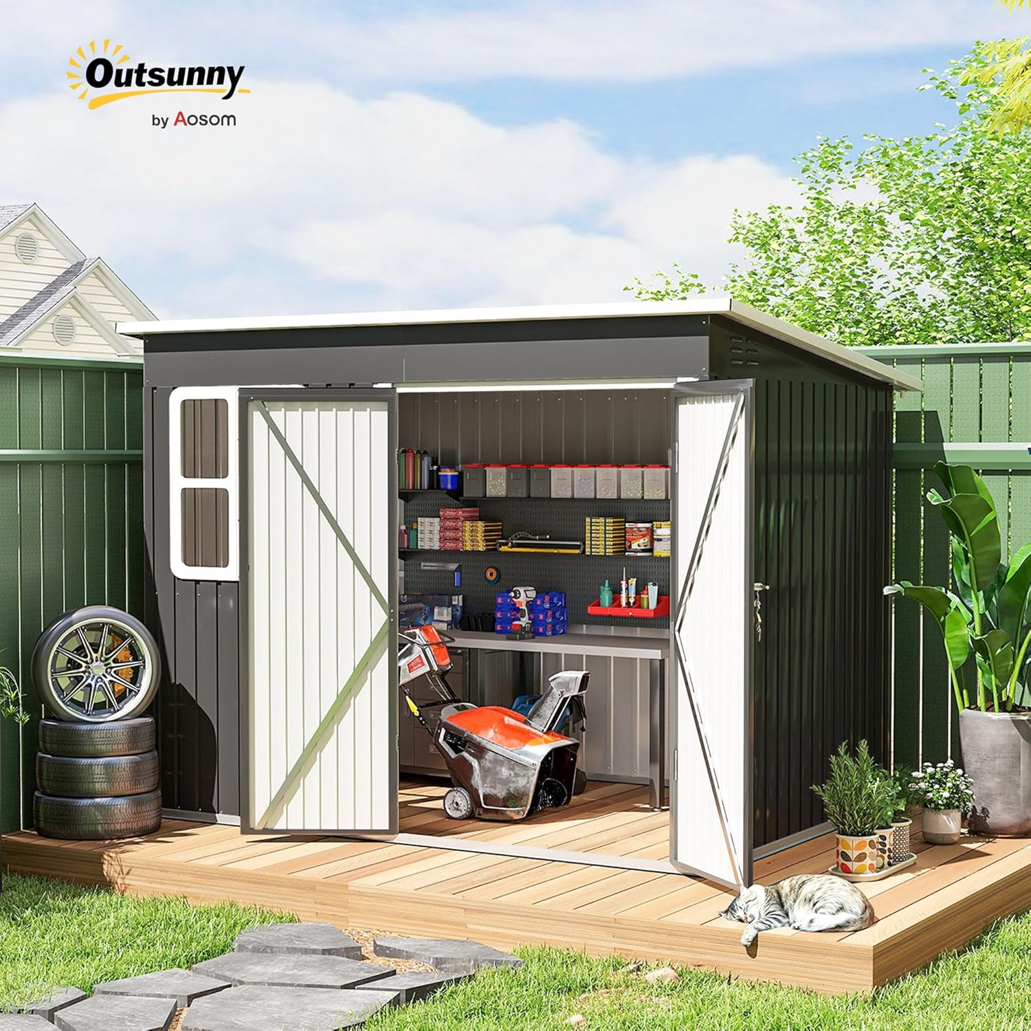 Outsunny Metall Gerätehaus 4,13 m2 Geräteschuppen mit Fenster Pultdach Lüftungsöffnungen Abschließbarer Breiter Tür Bodenrahmen 260 x 177 x 190 cm wetterfest Gartenhaus für Außenbereich Dunkelgrau — Ansicht 2