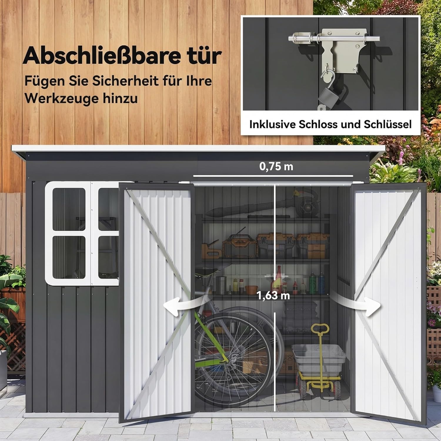 Outsunny Metall Gerätehaus 4,13 m2 Geräteschuppen mit Fenster Pultdach Lüftungsöffnungen Abschließbarer Breiter Tür Bodenrahmen 260 x 177 x 190 cm wetterfest Gartenhaus für Außenbereich Dunkelgrau — Ansicht 5
