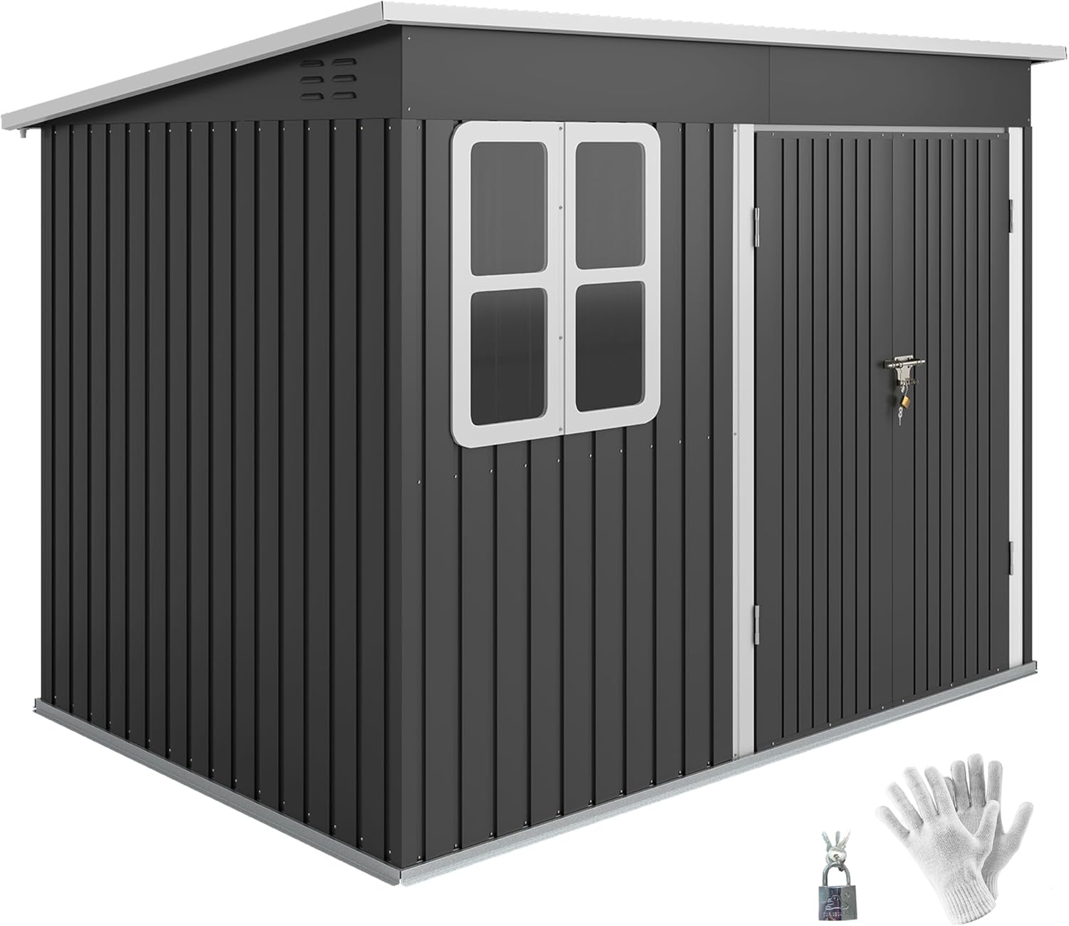 Outsunny Metall Gerätehaus 4,13 m2 Geräteschuppen mit Fenster Pultdach Lüftungsöffnungen Abschließbarer Breiter Tür Bodenrahmen 260 x 177 x 190 cm wetterfest Gartenhaus für Außenbereich Dunkelgrau