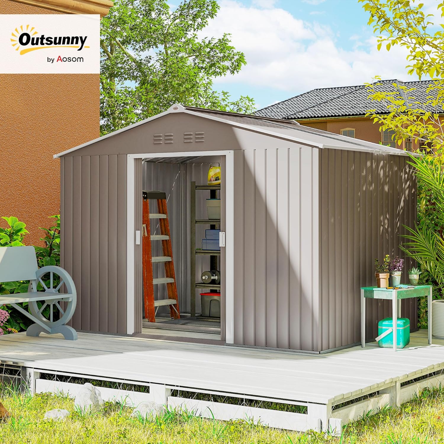 Outsunny Metall Gerätehaus 4,9 m2, Gartenhaus mit Satteldach, Schiebetür, Fundament, 277 x 195 x 192 cm, Geräteschuppen aus Verzinkter Stahl, wetterfest, für Garten, Hellgrau — Ansicht 2