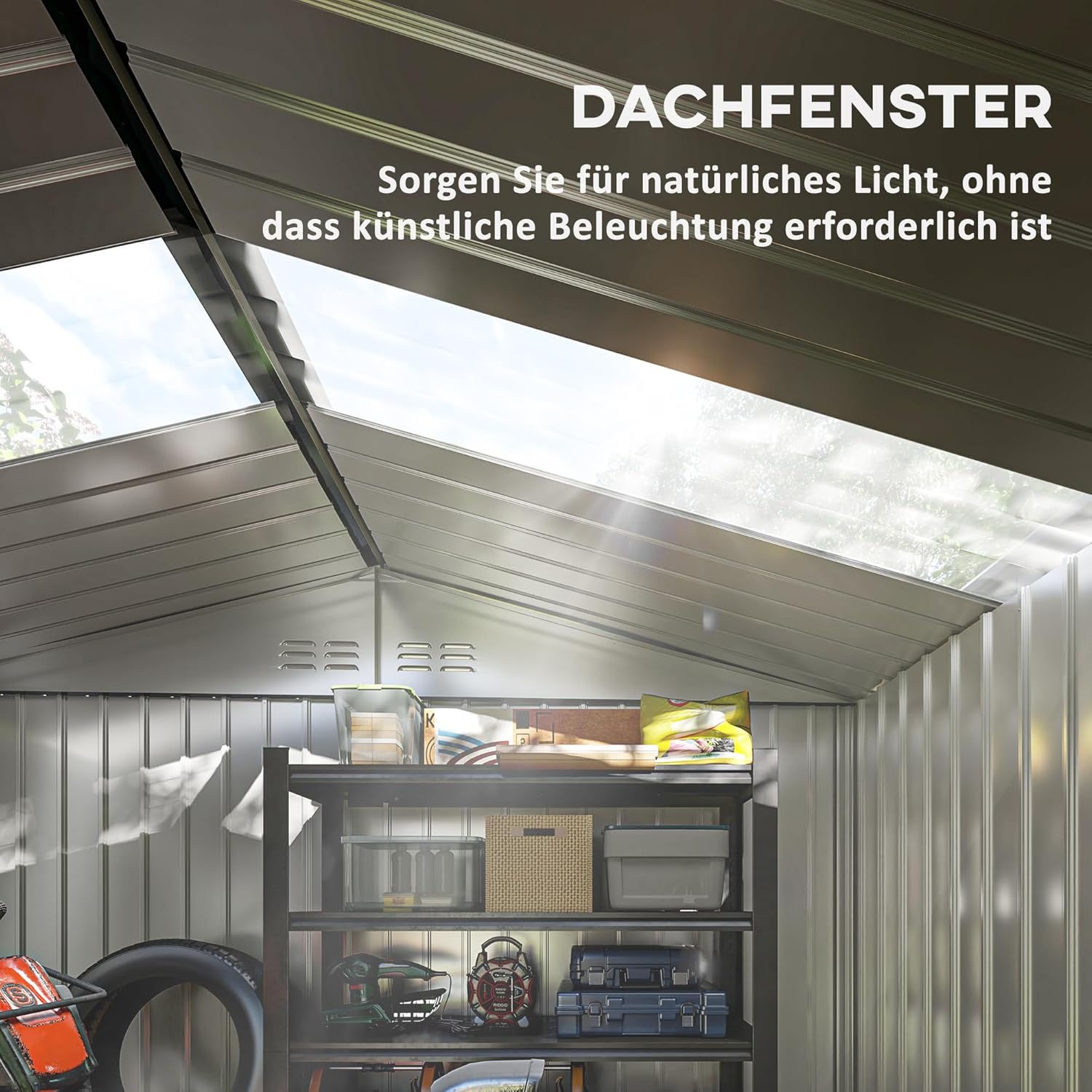 Outsunny Metall Gerätehaus 4,9 m2, Gartenhaus mit Satteldach, Schiebetür, Fundament, 277 x 195 x 192 cm, Geräteschuppen aus Verzinkter Stahl, wetterfest, für Garten, Hellgrau — Ansicht 3