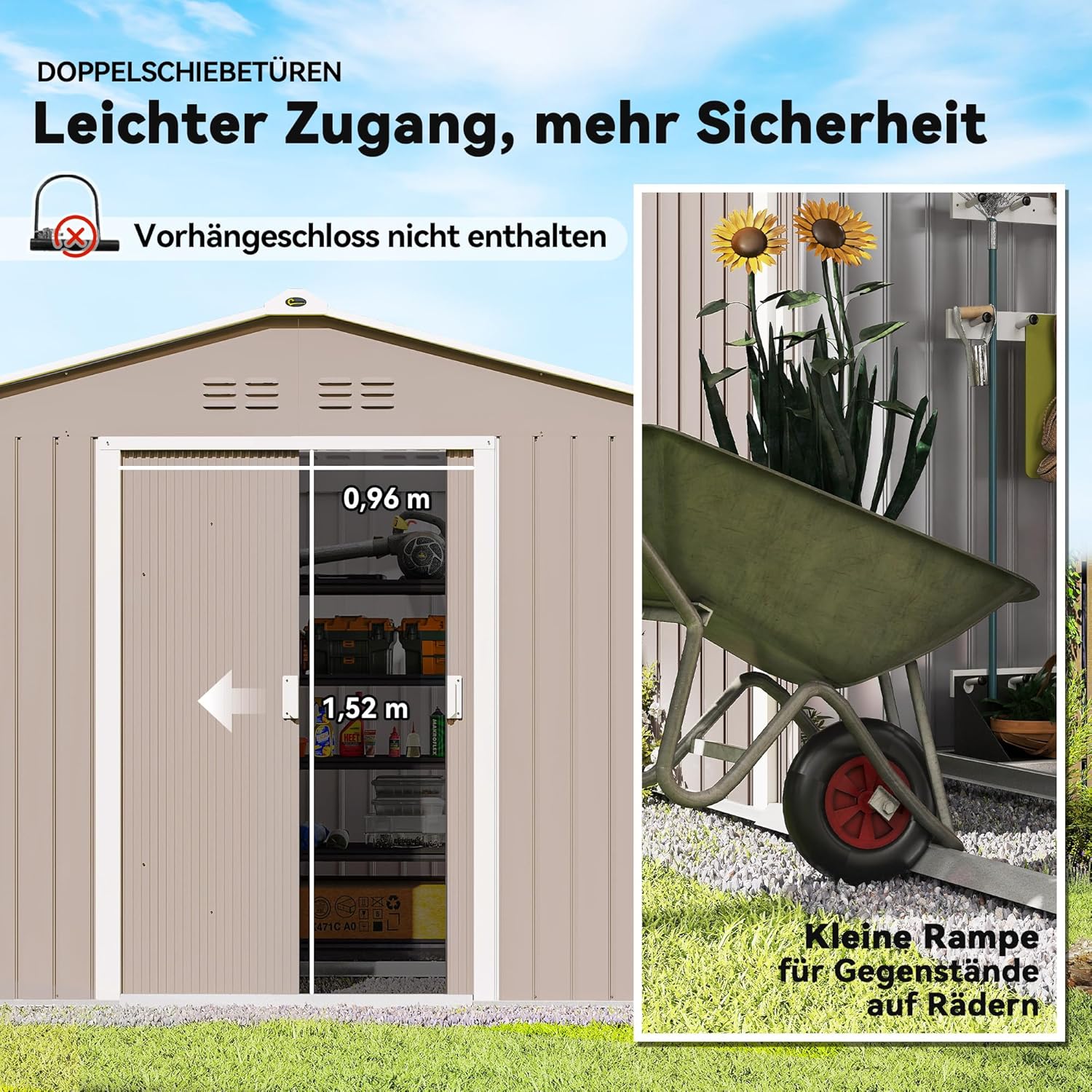 Outsunny Metall Gerätehaus 4,9 m2, Gartenhaus mit Satteldach, Schiebetür, Fundament, 277 x 195 x 192 cm, Geräteschuppen aus Verzinkter Stahl, wetterfest, für Garten, Hellgrau — Ansicht 5