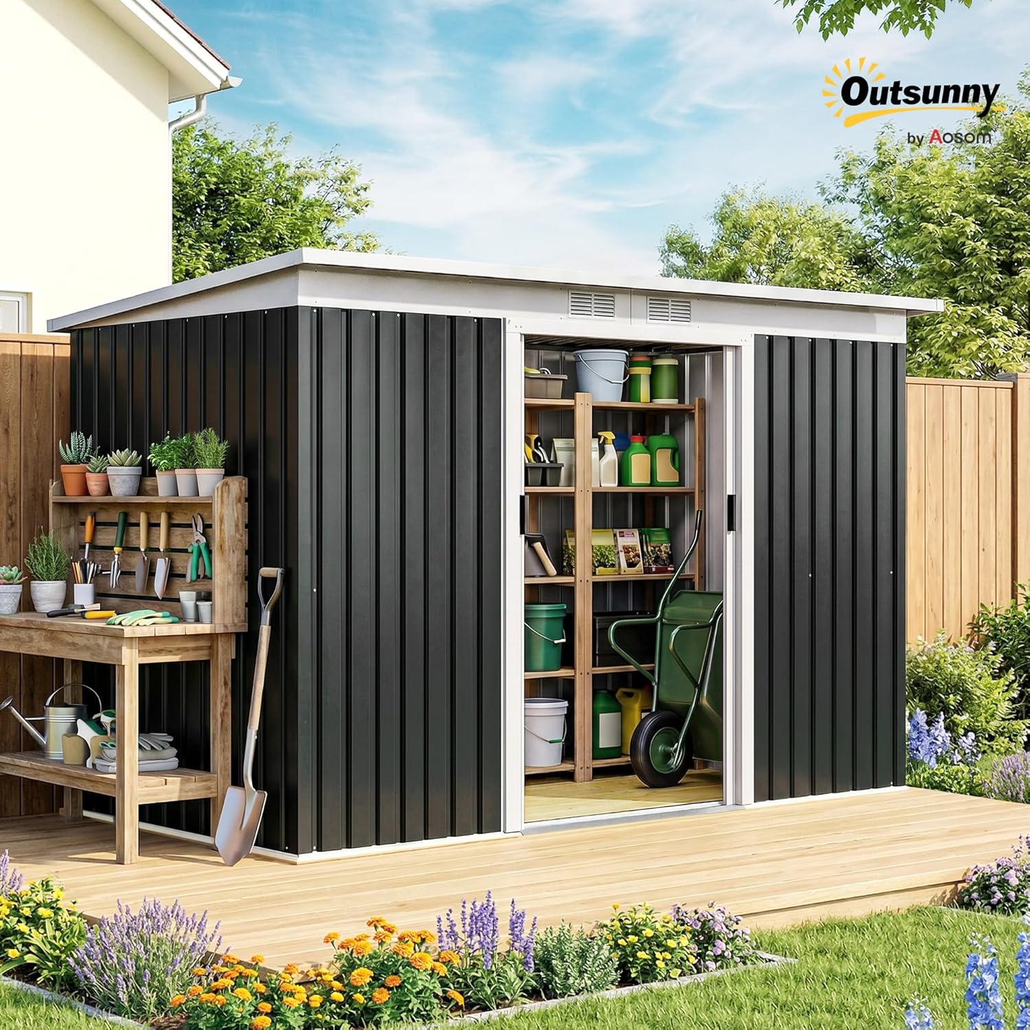 Outsunny Metall Gerätehaus 6,3m3 280x130x172cm Geräteschuppen mit Pultdach Schiebetür wetterfest Gartenhaus Outdoor Garten Schuppen Schrank für Hinterhof Außenbereich Anthrazit, Dunkelgrau — Ansicht 2
