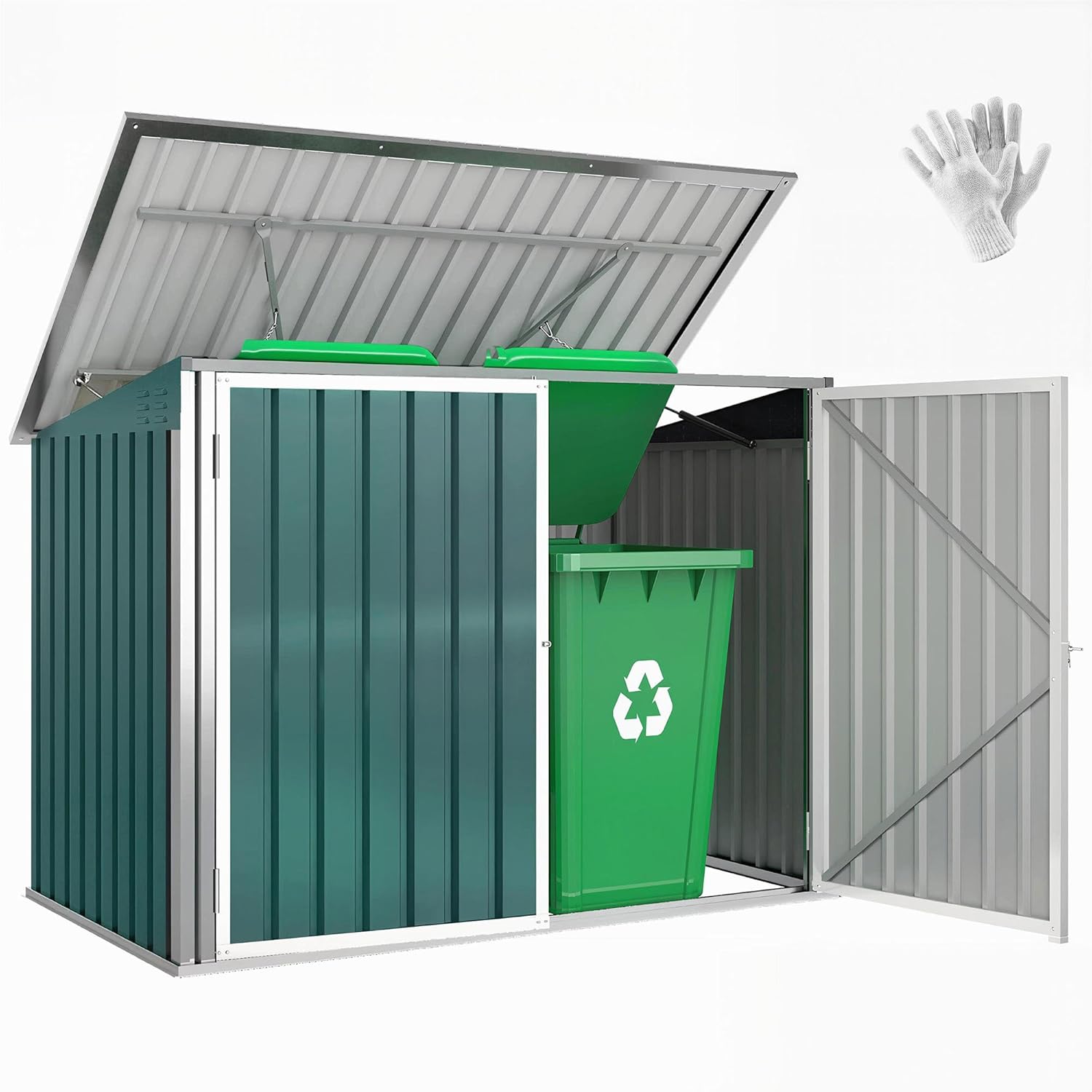 Outsunny Mülltonnenbox für 2 Mülltonnen aus verzinktem Stahl Müllbox mit Klappdeckel Gasdruckfeder Doppeltür Belüftungsöffnungen, abschließbar Mülltonnenverkleidung 179,5 x 108 x 113 cm Grün