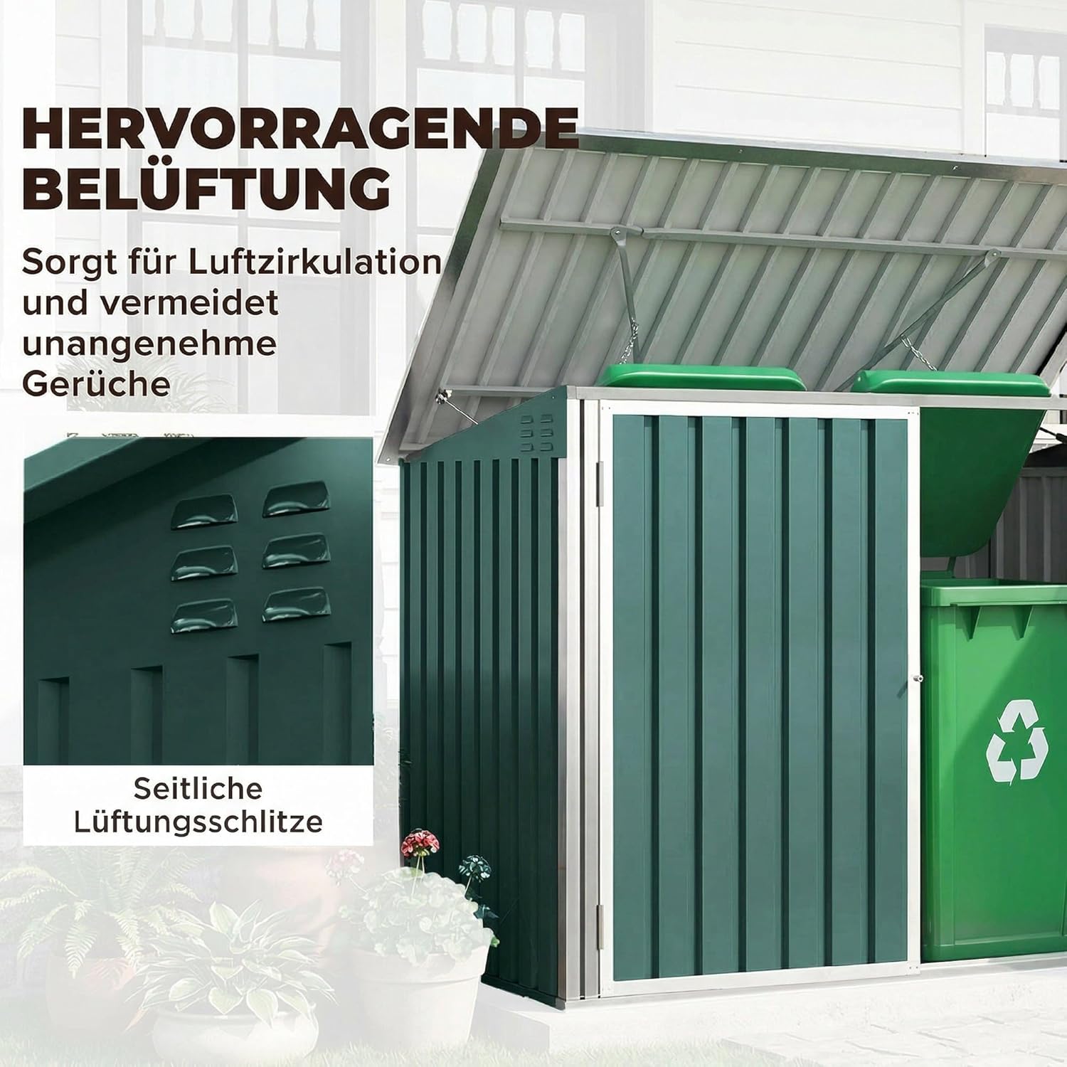 Outsunny Mülltonnenbox für 2 Mülltonnen aus verzinktem Stahl Müllbox mit Klappdeckel Gasdruckfeder Doppeltür Belüftungsöffnungen, abschließbar Mülltonnenverkleidung 179,5 x 108 x 113 cm Grün — Ansicht 5