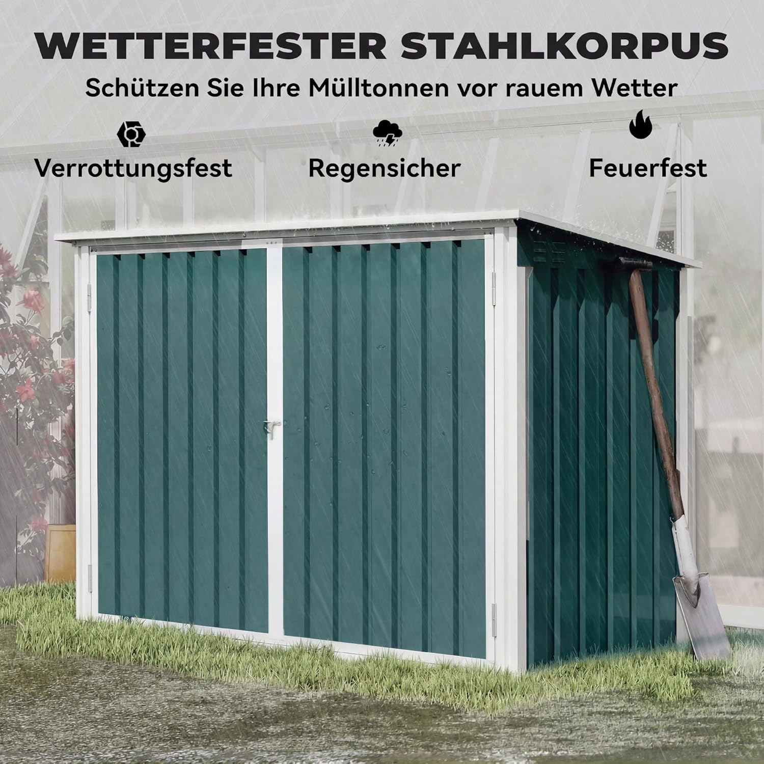 Outsunny Mülltonnenbox für 2 Mülltonnen aus verzinktem Stahl Müllbox mit Klappdeckel Gasdruckfeder Doppeltür Belüftungsöffnungen, abschließbar Mülltonnenverkleidung 179,5 x 108 x 113 cm Grün — Ansicht 6