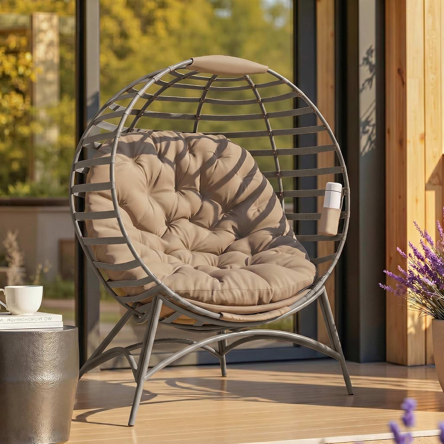 Outsunny Papasansessel Gartenstuhl mit Kissen Korb-Stuhl oval Loungesessel faltbar Korb für Balkon Terrasse Indoor Sandbraun Stahl 118 x 77 x 139 cm — Ansicht 2