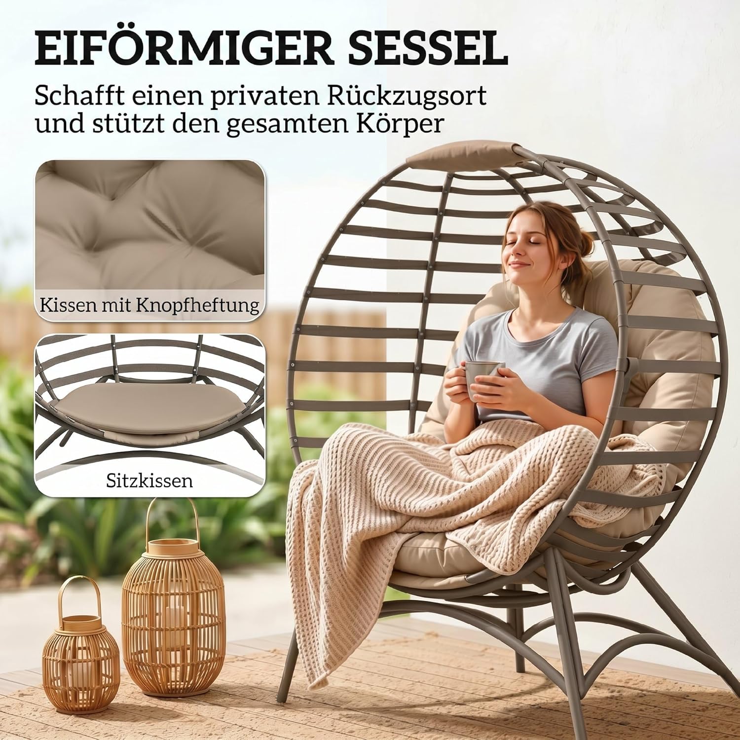 Outsunny Papasansessel Gartenstuhl mit Kissen Korb-Stuhl oval Loungesessel faltbar Korb für Balkon Terrasse Indoor Sandbraun Stahl 118 x 77 x 139 cm — Ansicht 5