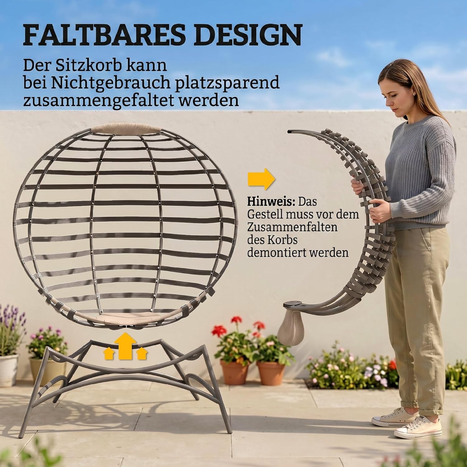 Outsunny Papasansessel Gartenstuhl mit Kissen Korb-Stuhl oval Loungesessel faltbar Korb für Balkon Terrasse Indoor Sandbraun Stahl 118 x 77 x 139 cm — Ansicht 6