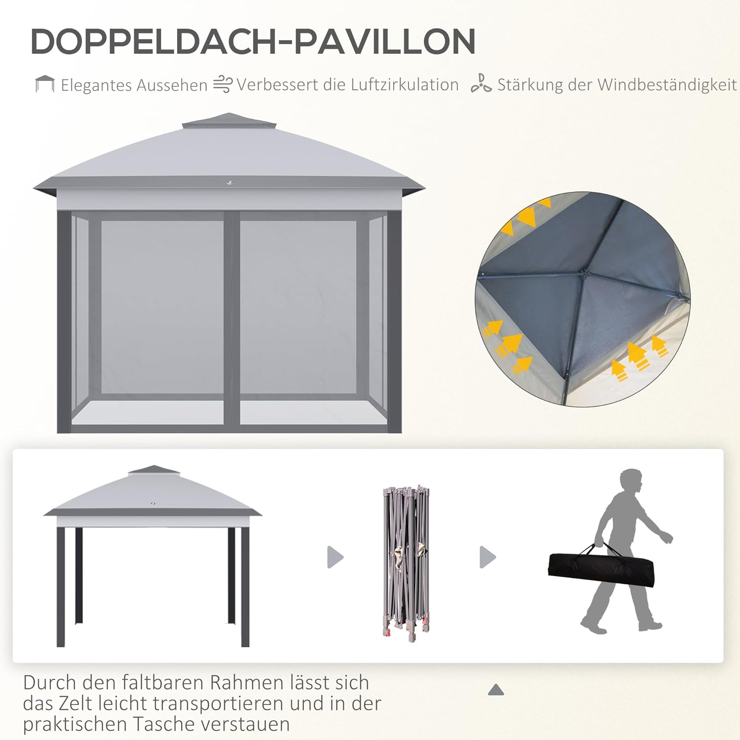 Outsunny Pavillon 3,3x3,3m, wasserabweisend Winterfest Pop-up Faltpavillon mit Doppeldach, UV Schutz, Faltbar Partyzelt Gartenzelt mit Seitenteilen, Tasche Gartenpavillon für Camping Garten, Grau — Ansicht 3