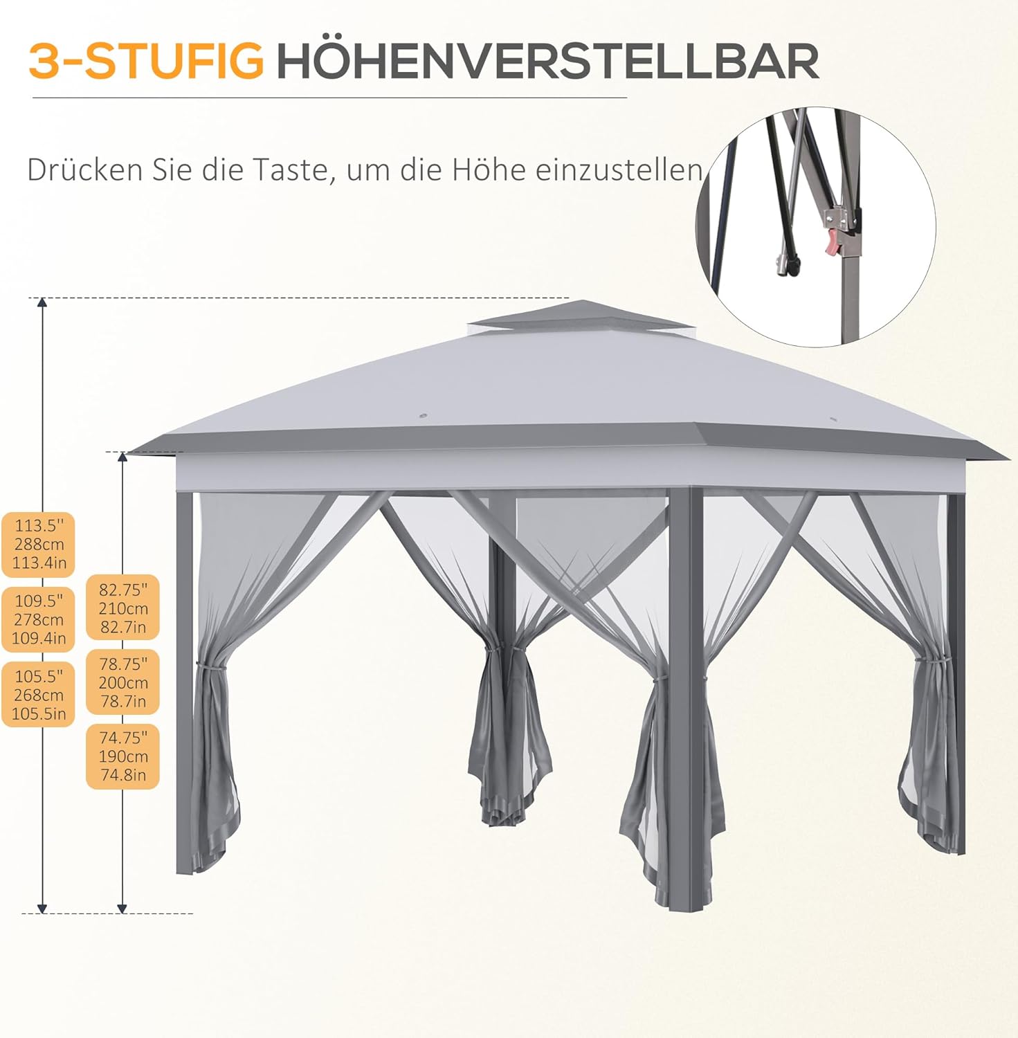 Outsunny Pavillon 3,3x3,3m, wasserabweisend Winterfest Pop-up Faltpavillon mit Doppeldach, UV Schutz, Faltbar Partyzelt Gartenzelt mit Seitenteilen, Tasche Gartenpavillon für Camping Garten, Grau — Ansicht 5