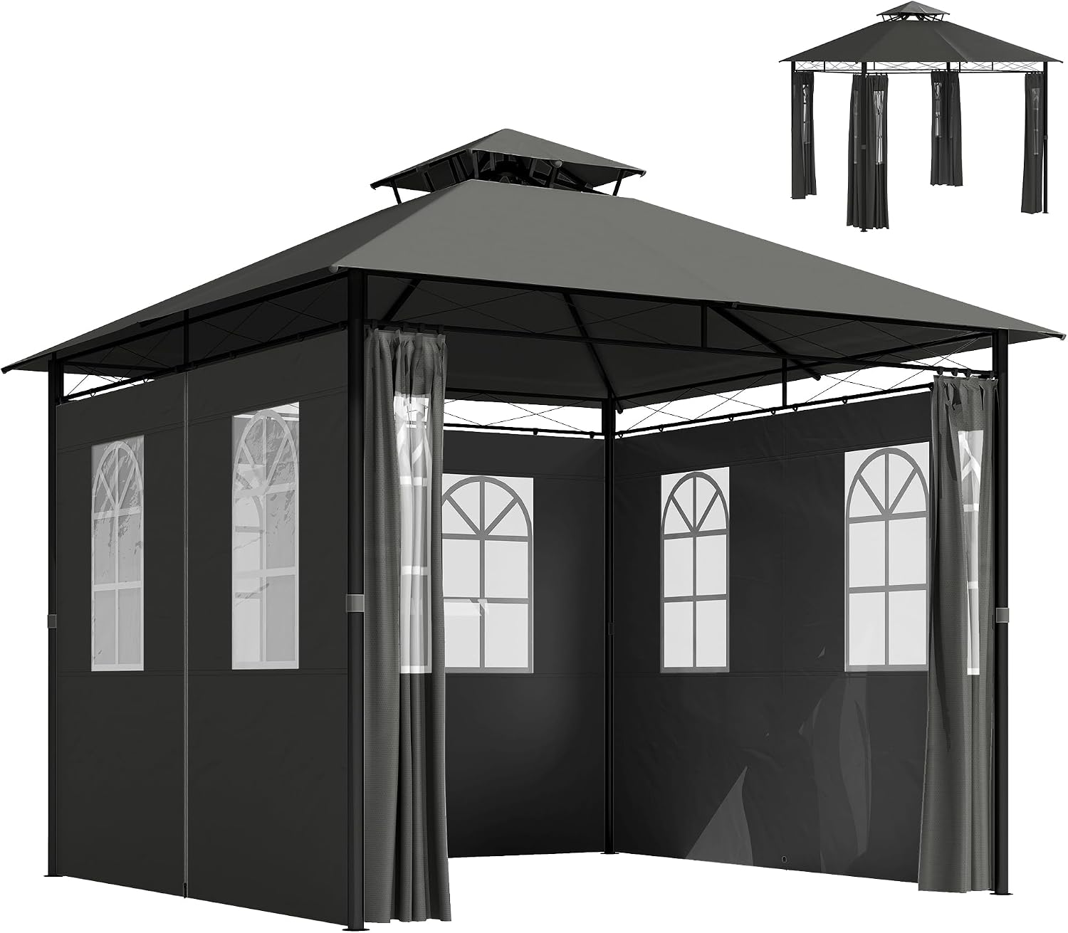 Outsunny Pavillon 3 x 3 m, Gartenzelt mit Seitenwand, UV50+Partyzelt mit Doppeldach, Wetterfest Festzelt, Gartenpavillon, für Balkon, Terrasse, Metall, Dunkelgrau