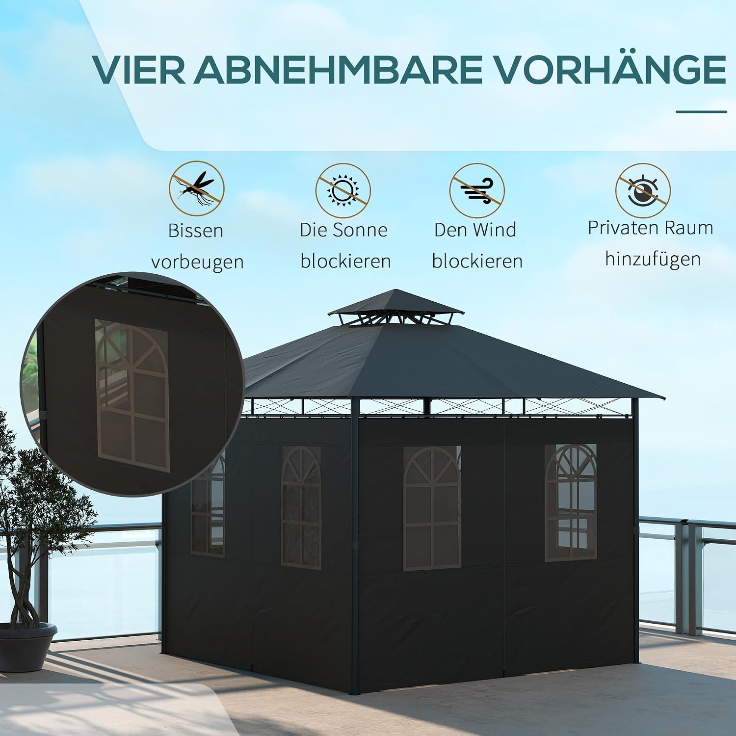 Outsunny Pavillon 3 x 3 m, Gartenzelt mit Seitenwand, UV50+Partyzelt mit Doppeldach, Wetterfest Festzelt, Gartenpavillon, für Balkon, Terrasse, Metall, Dunkelgrau — Ansicht 4