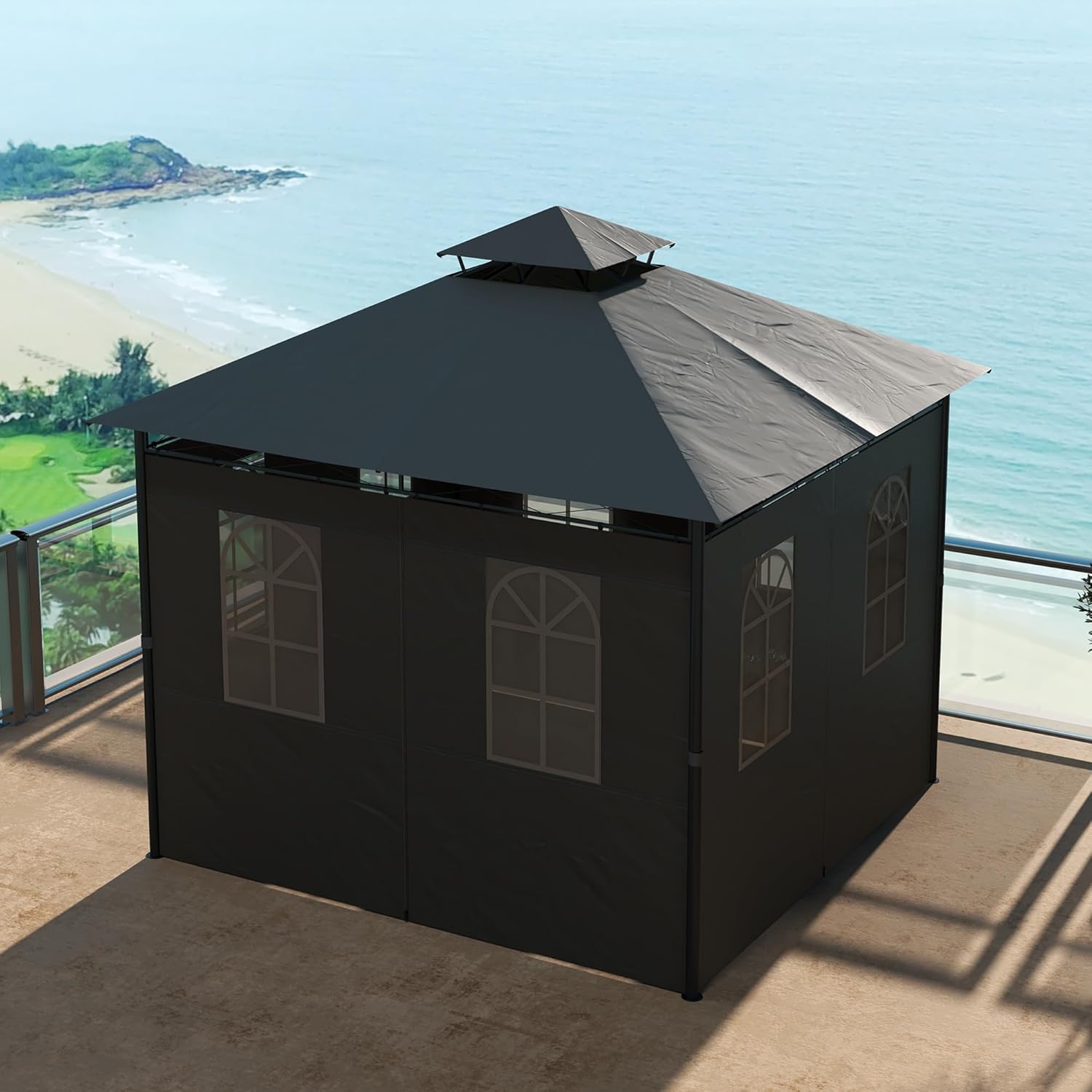 Outsunny Pavillon 3 x 3 m, Gartenzelt mit Seitenwand, UV50+Partyzelt mit Doppeldach, Wetterfest Festzelt, Gartenpavillon, für Balkon, Terrasse, Metall, Dunkelgrau — Ansicht 6
