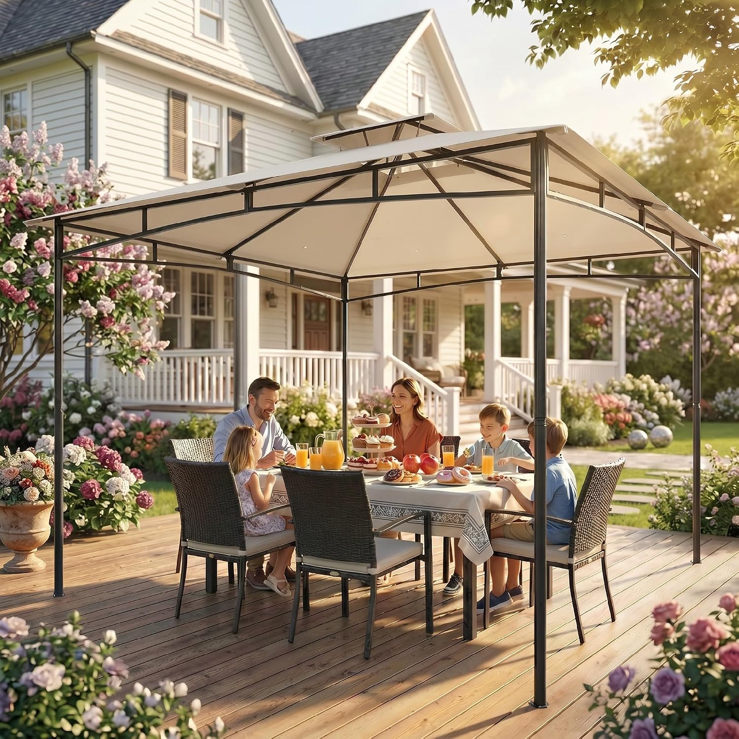 Outsunny Pavillon 3x3m Stabil Wasserabweisend Winterfest Gartenpavillon mit Doppeldach und zurückziehbarem Obenrahmen, UV 50+ Gartenzelt Partyzelt Gazebo für Garten Festival Partys Cremeweiß — Ansicht 6
