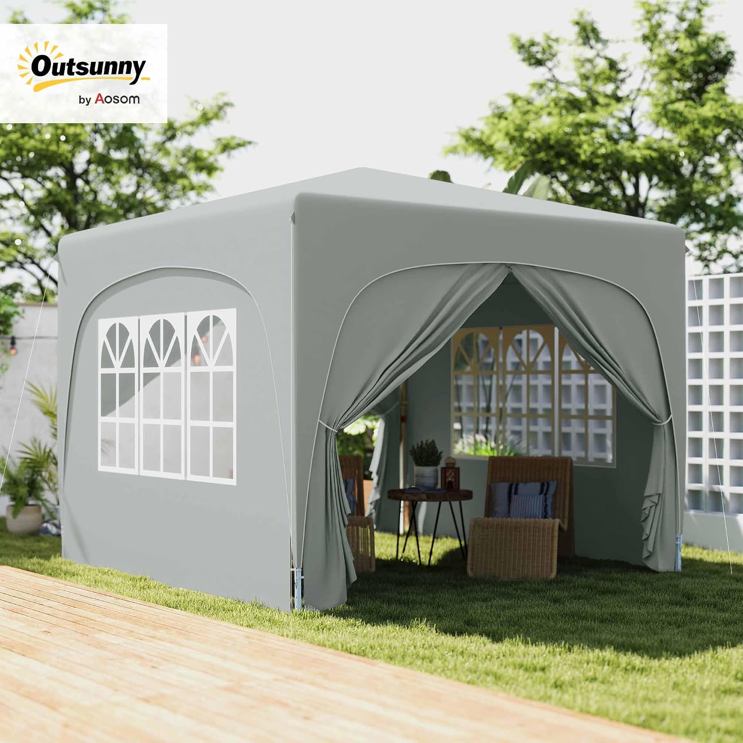Outsunny Pavillon 3x3m, wasserabweisend Stabil Winterfest Pop-up Faltpavillon, UV Schutz 50+, Faltbar Partyzelt Gartenzelt mit 4 Seitenteilen Tasche Gartenpavillon für Camping Garten, Hellgrau — Ansicht 2