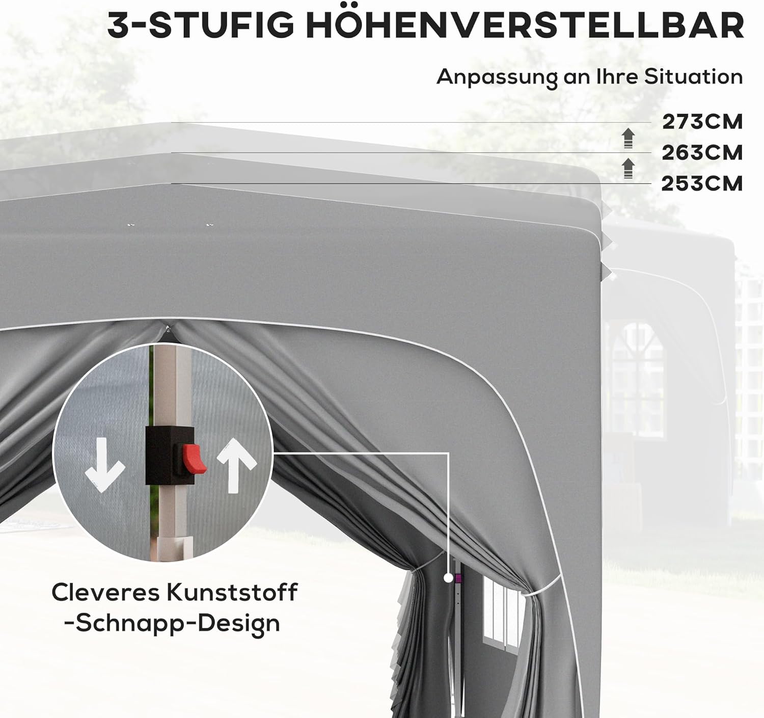 Outsunny Pavillon 3x3m, wasserabweisend Stabil Winterfest Pop-up Faltpavillon, UV Schutz 50+, Faltbar Partyzelt Gartenzelt mit 4 Seitenteilen Tasche Gartenpavillon für Camping Garten, Hellgrau — Ansicht 4