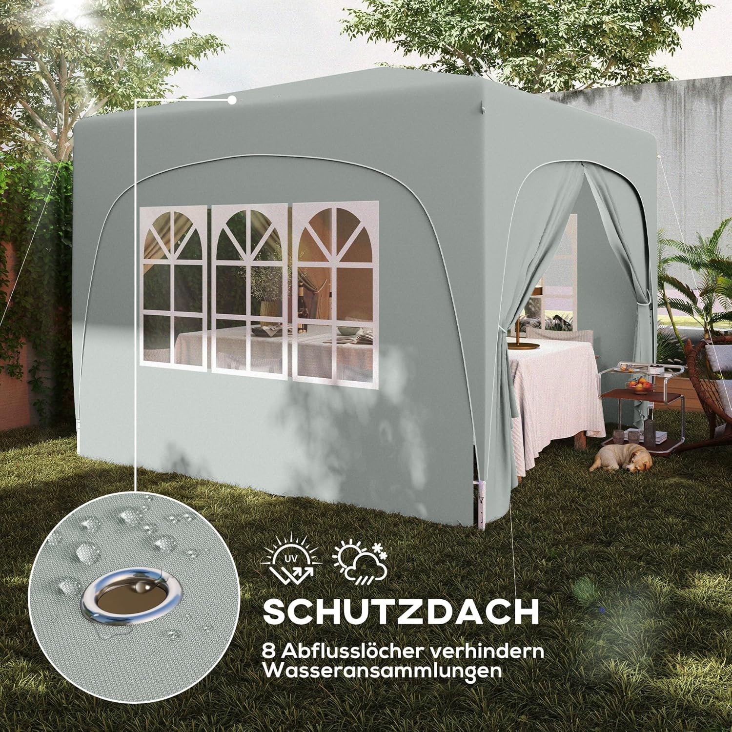 Outsunny Pavillon 3x3m, wasserabweisend Stabil Winterfest Pop-up Faltpavillon, UV Schutz 50+, Faltbar Partyzelt Gartenzelt mit 4 Seitenteilen Tasche Gartenpavillon für Camping Garten, Hellgrau — Ansicht 5