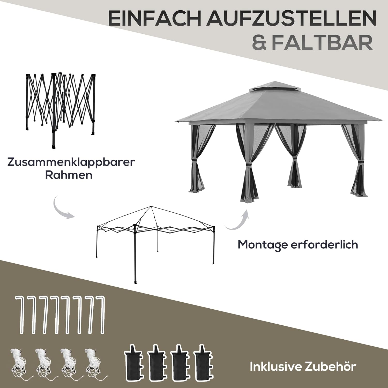 Outsunny Pavillon 4x4m Stabil Winterfest Pop-up Gartenpavillon mit Doppeldach, UV Schutz 50+ Partyzelt Gartenzelt mit 4 Seitenteilen Tasche Sandsäcke für Camping Garten Festival, Dunkelgrau — Ansicht 4