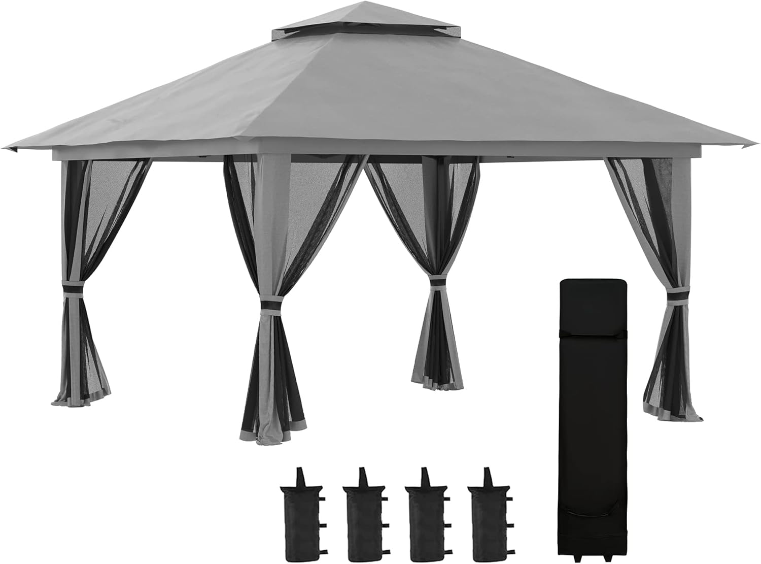 Outsunny Pavillon 4x4m Stabil Winterfest Pop-up Gartenpavillon mit Doppeldach, UV Schutz 50+ Partyzelt Gartenzelt mit 4 Seitenteilen Tasche Sandsäcke für Camping Garten Festival, Dunkelgrau
