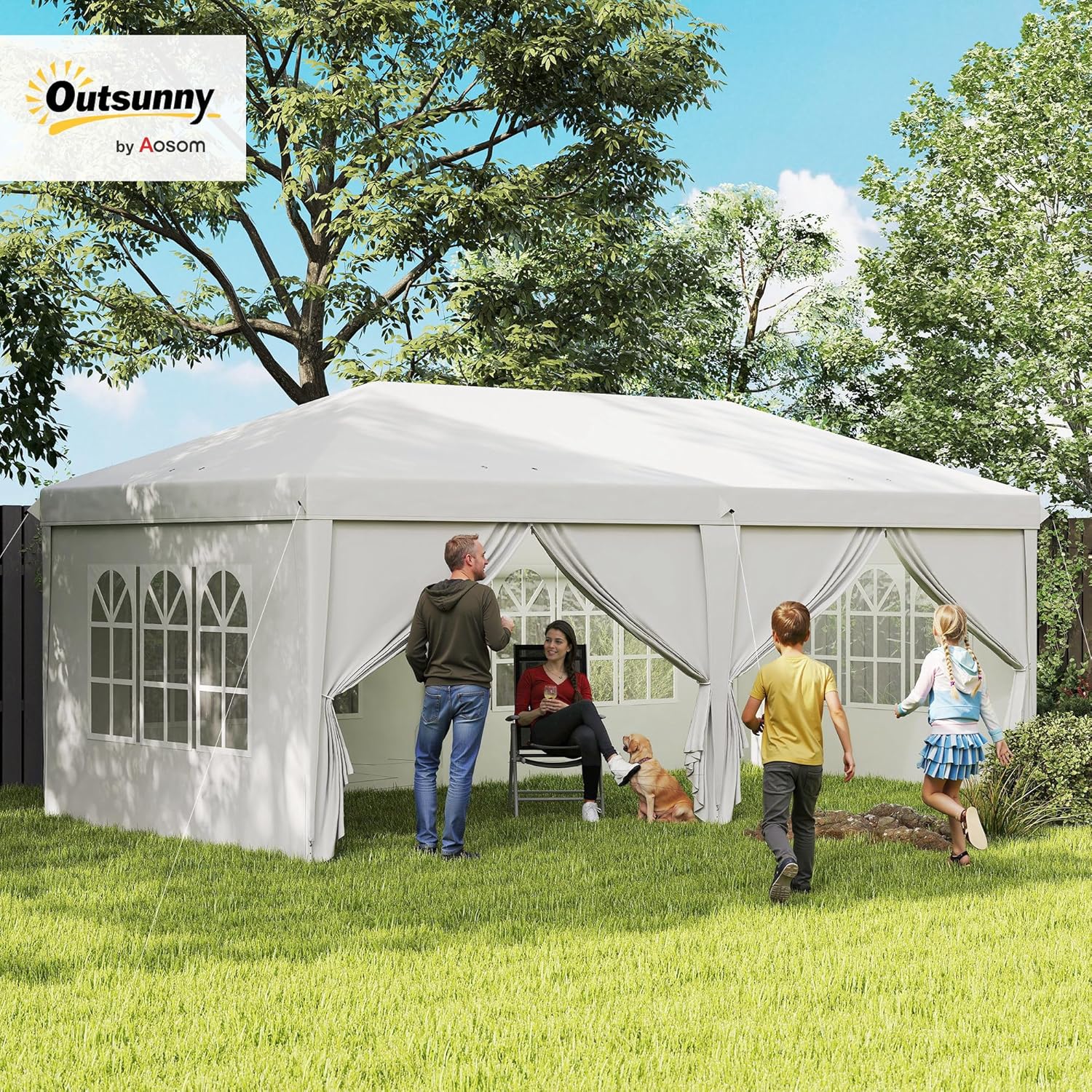 Outsunny Pavillon 6x3 m Stabil Winterfest Gartenpavillon, Partyzelt mit Seitenteilen Fenster, Tür, Tasche Gartenzelt Festzelt für Camping Garten Festival, Weiß — Ansicht 2