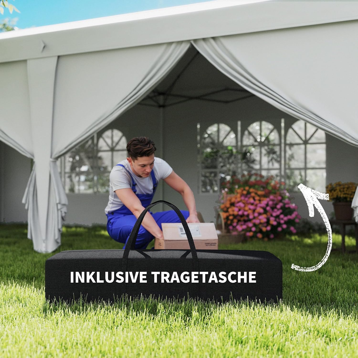 Outsunny Pavillon 6x3 m Stabil Winterfest Gartenpavillon, Partyzelt mit Seitenteilen Fenster, Tür, Tasche Gartenzelt Festzelt für Camping Garten Festival, Weiß — Ansicht 6