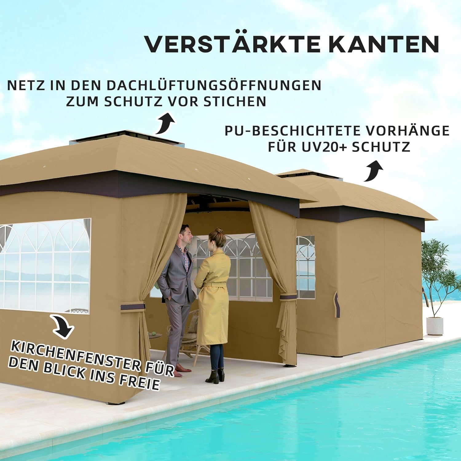 Outsunny Pavillon ca. 3,4x3,4 m wasserabweisend Gartenpavillon mit 4 Seitenteilen, Doppeldach, Partyzelt mit UV-Schutz Gartenzelt mit verzinktem Metallrahmen, für Garten Beige — Ansicht 4