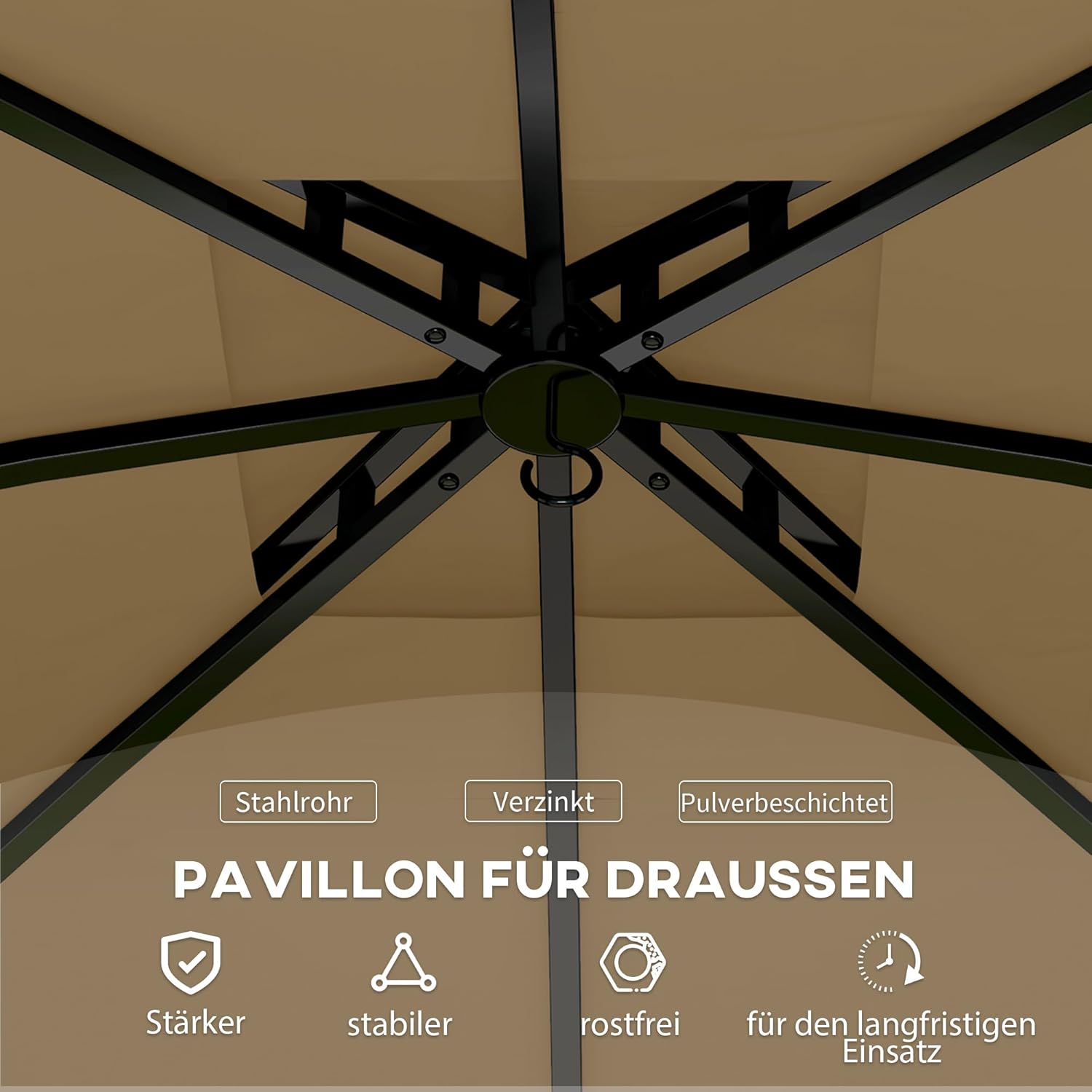 Outsunny Pavillon ca. 3,4x3,4 m wasserabweisend Gartenpavillon mit 4 Seitenteilen, Doppeldach, Partyzelt mit UV-Schutz Gartenzelt mit verzinktem Metallrahmen, für Garten Beige — Ansicht 5