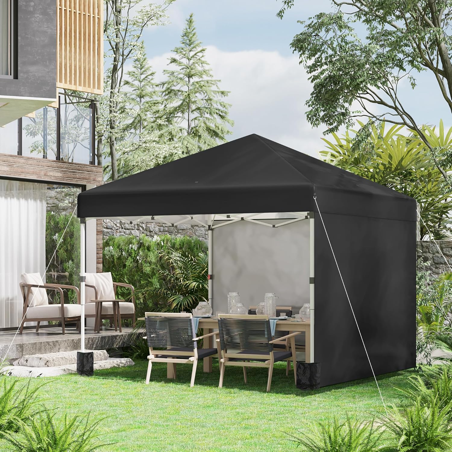 Outsunny Pavillon ca.3x3m, wasserabweisend Stabil Winterfest Pop-up Faltpavillon mit 2 Seitenwänden, UV Schutz 30+, Faltbar Partyzelt Gartenzelt mit Tasche, Gartenpavillon für Camping, Schwarz — Ansicht 2