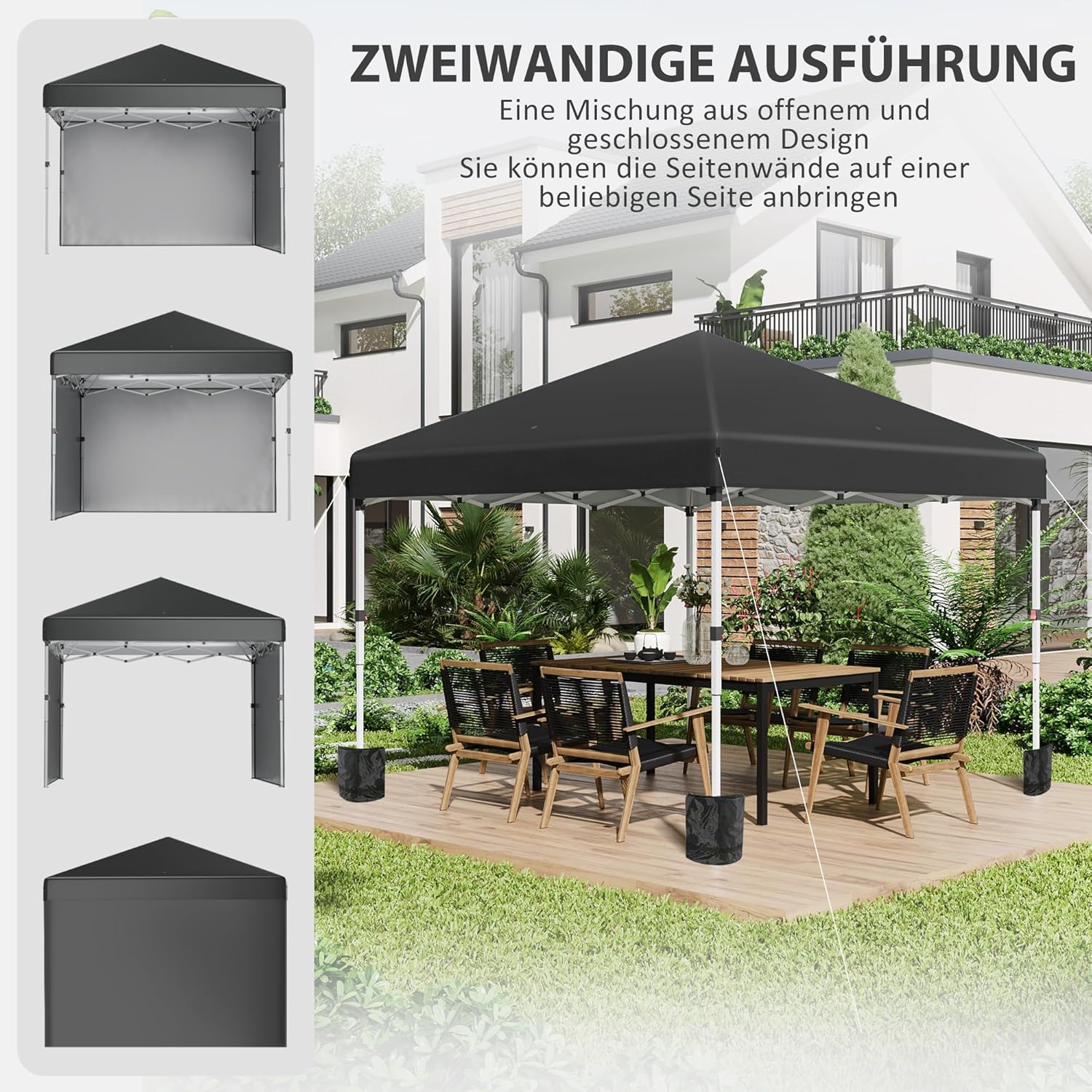 Outsunny Pavillon ca.3x3m, wasserabweisend Stabil Winterfest Pop-up Faltpavillon mit 2 Seitenwänden, UV Schutz 30+, Faltbar Partyzelt Gartenzelt mit Tasche, Gartenpavillon für Camping, Schwarz — Ansicht 3