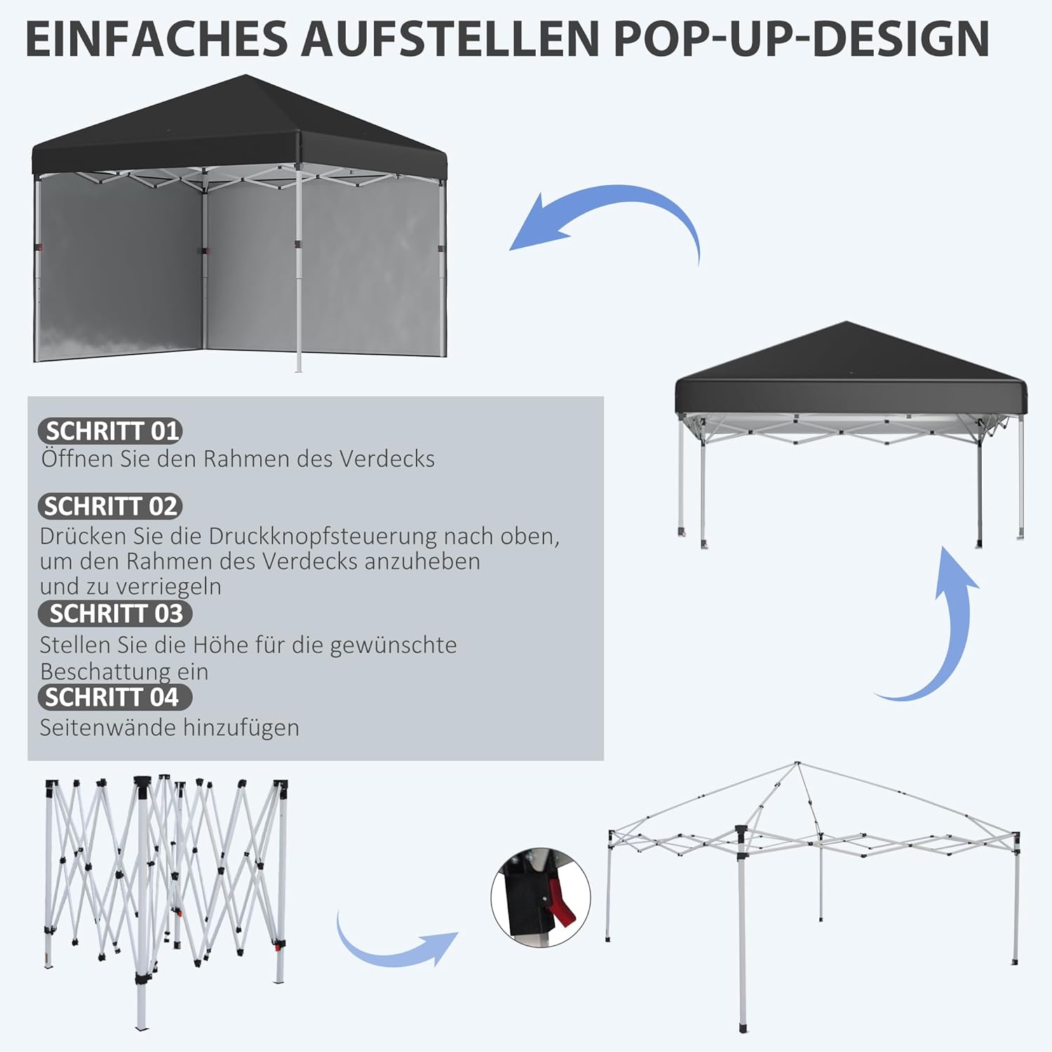 Outsunny Pavillon ca.3x3m, wasserabweisend Stabil Winterfest Pop-up Faltpavillon mit 2 Seitenwänden, UV Schutz 30+, Faltbar Partyzelt Gartenzelt mit Tasche, Gartenpavillon für Camping, Schwarz — Ansicht 4