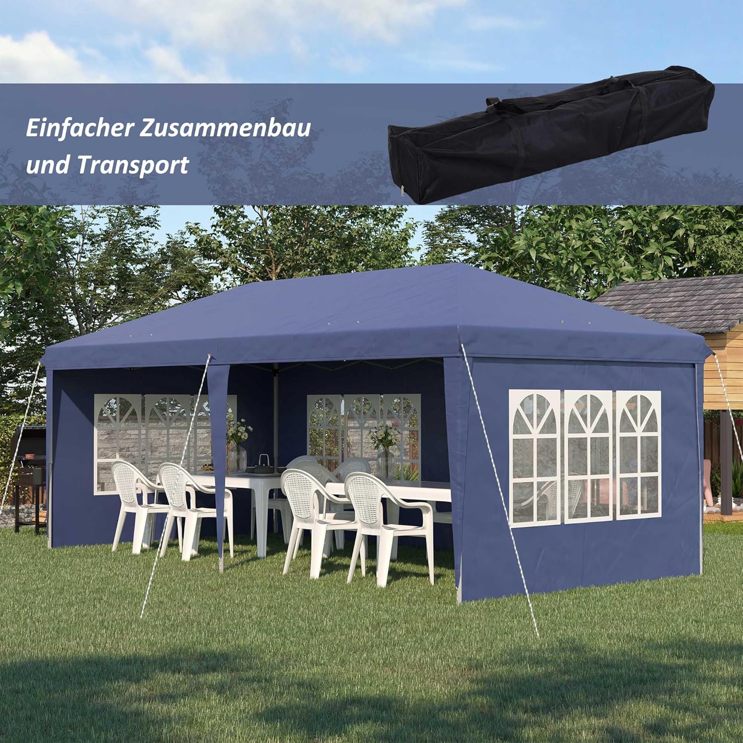 Outsunny Pavillon ca. 3x6m Wasserdicht Pop-up Faltpavillon mit 4 Seitenwänden, Fenster, Partyzelt mit UV-Schutz, Oxford Gartenpavillon inkl. Tragetasche Gartenzelt für Balkon, Terrasse, Blau — Ansicht 3
