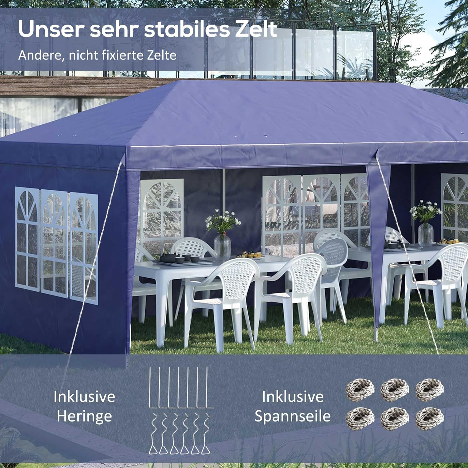 Outsunny Pavillon ca. 3x6m Wasserdicht Pop-up Faltpavillon mit 4 Seitenwänden, Fenster, Partyzelt mit UV-Schutz, Oxford Gartenpavillon inkl. Tragetasche Gartenzelt für Balkon, Terrasse, Blau — Ansicht 4