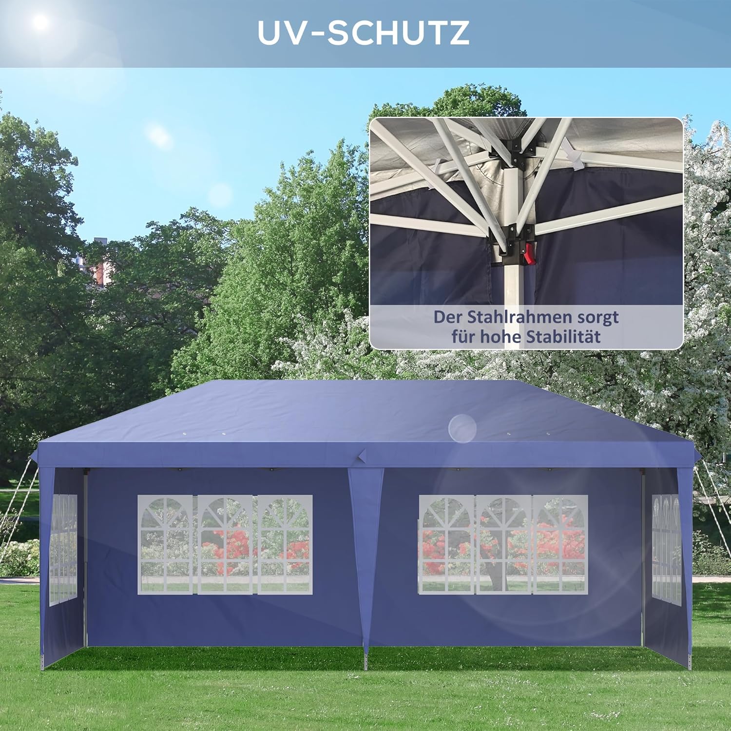 Outsunny Pavillon ca. 3x6m Wasserdicht Pop-up Faltpavillon mit 4 Seitenwänden, Fenster, Partyzelt mit UV-Schutz, Oxford Gartenpavillon inkl. Tragetasche Gartenzelt für Balkon, Terrasse, Blau — Ansicht 6
