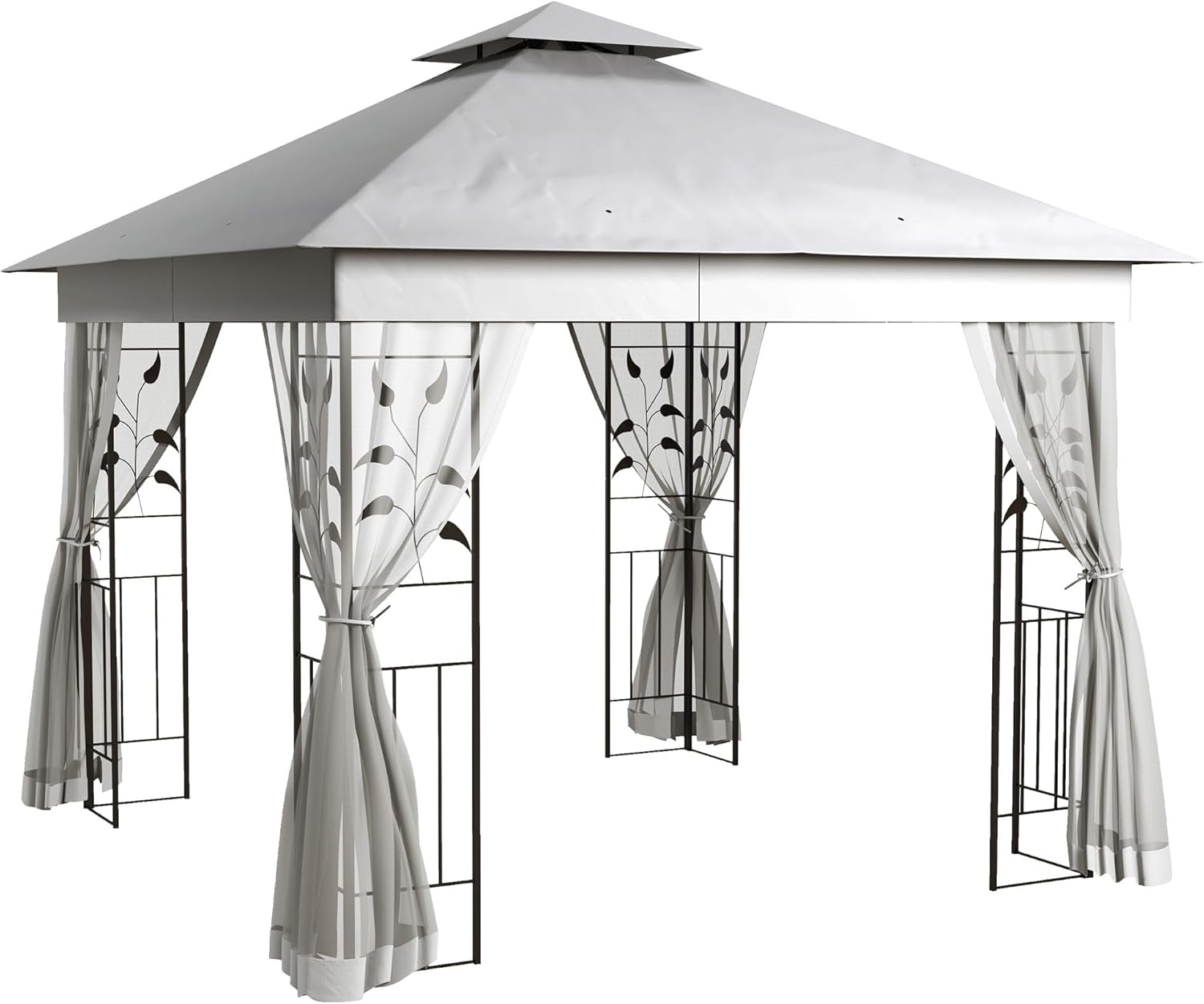 Outsunny Pavillon mit Doppeldach, 3x3 m Wasserabweisend Stabil Winterfest Gartenpavillon mit Moskitonetz, Garten Pavillon aus Stahl, Partyzelt für Garten, Terrasse, Hellgrau
