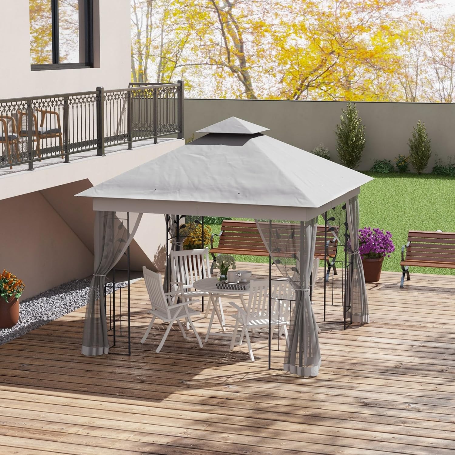 Outsunny Pavillon mit Doppeldach, 3x3 m Wasserabweisend Stabil Winterfest Gartenpavillon mit Moskitonetz, Garten Pavillon aus Stahl, Partyzelt für Garten, Terrasse, Hellgrau — Ansicht 2