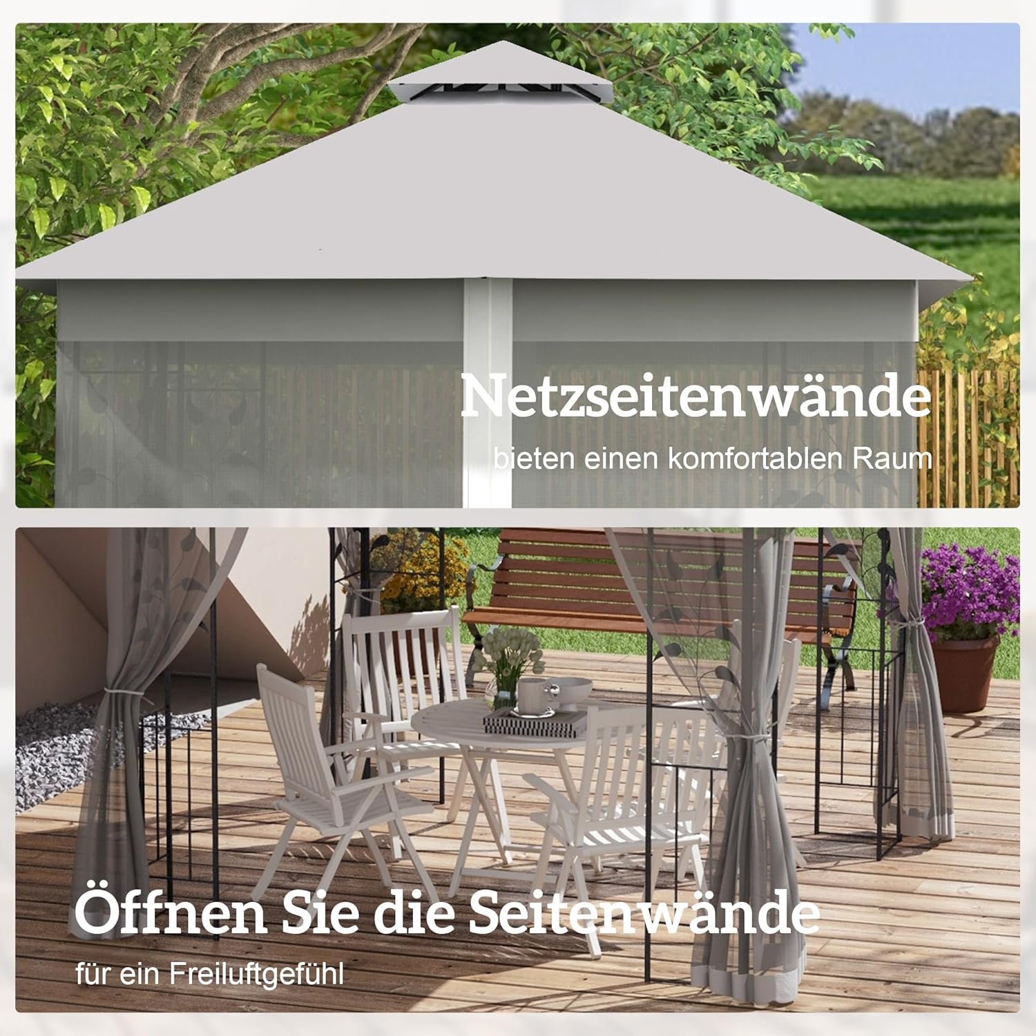 Outsunny Pavillon mit Doppeldach, 3x3 m Wasserabweisend Stabil Winterfest Gartenpavillon mit Moskitonetz, Garten Pavillon aus Stahl, Partyzelt für Garten, Terrasse, Hellgrau — Ansicht 5