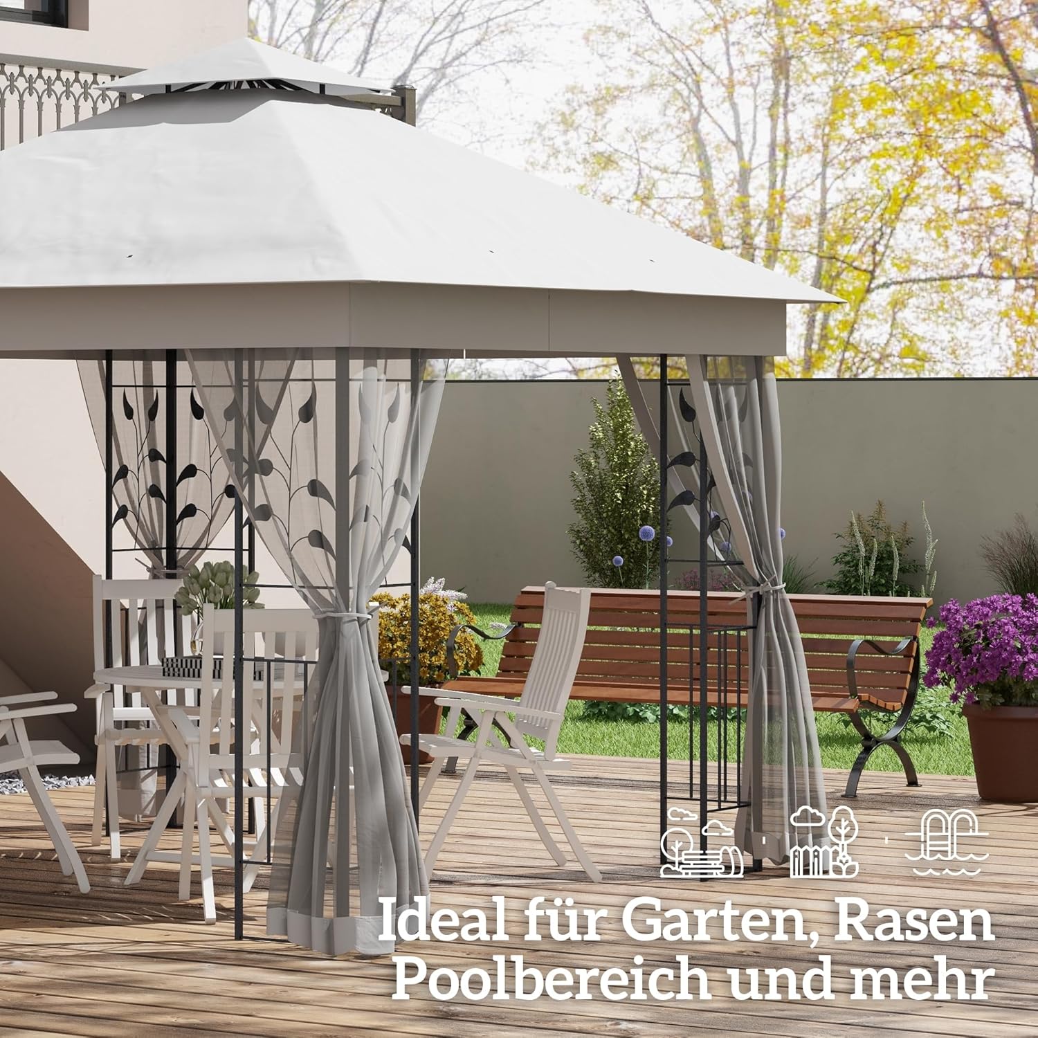 Outsunny Pavillon mit Doppeldach, 3x3 m Wasserabweisend Stabil Winterfest Gartenpavillon mit Moskitonetz, Garten Pavillon aus Stahl, Partyzelt für Garten, Terrasse, Hellgrau — Ansicht 6