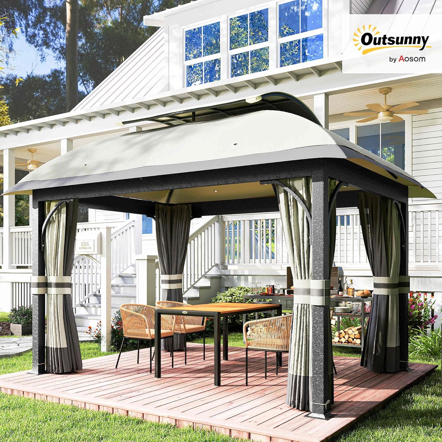 Outsunny Pavillon mit Doppeldach, 4x3,3 m, wasserabweisend und stabil, Winterfest Gartenpavillon aus verzinktem Metall mit Moskitonetz und Seitenteilen, für Garten oder Terrasse, Hellgrau — Ansicht 2
