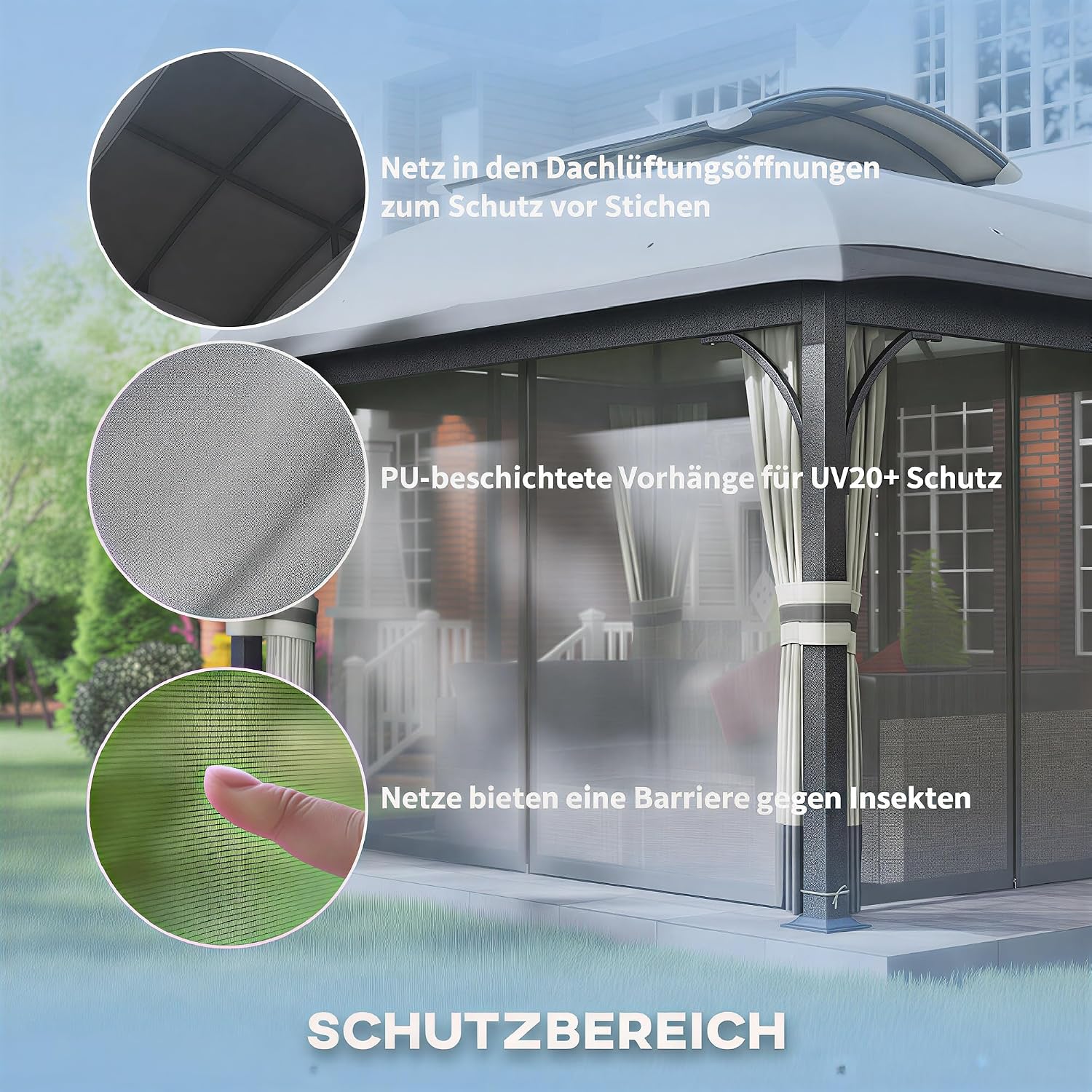 Outsunny Pavillon mit Doppeldach, 4x3,3 m, wasserabweisend und stabil, Winterfest Gartenpavillon aus verzinktem Metall mit Moskitonetz und Seitenteilen, für Garten oder Terrasse, Hellgrau — Ansicht 4