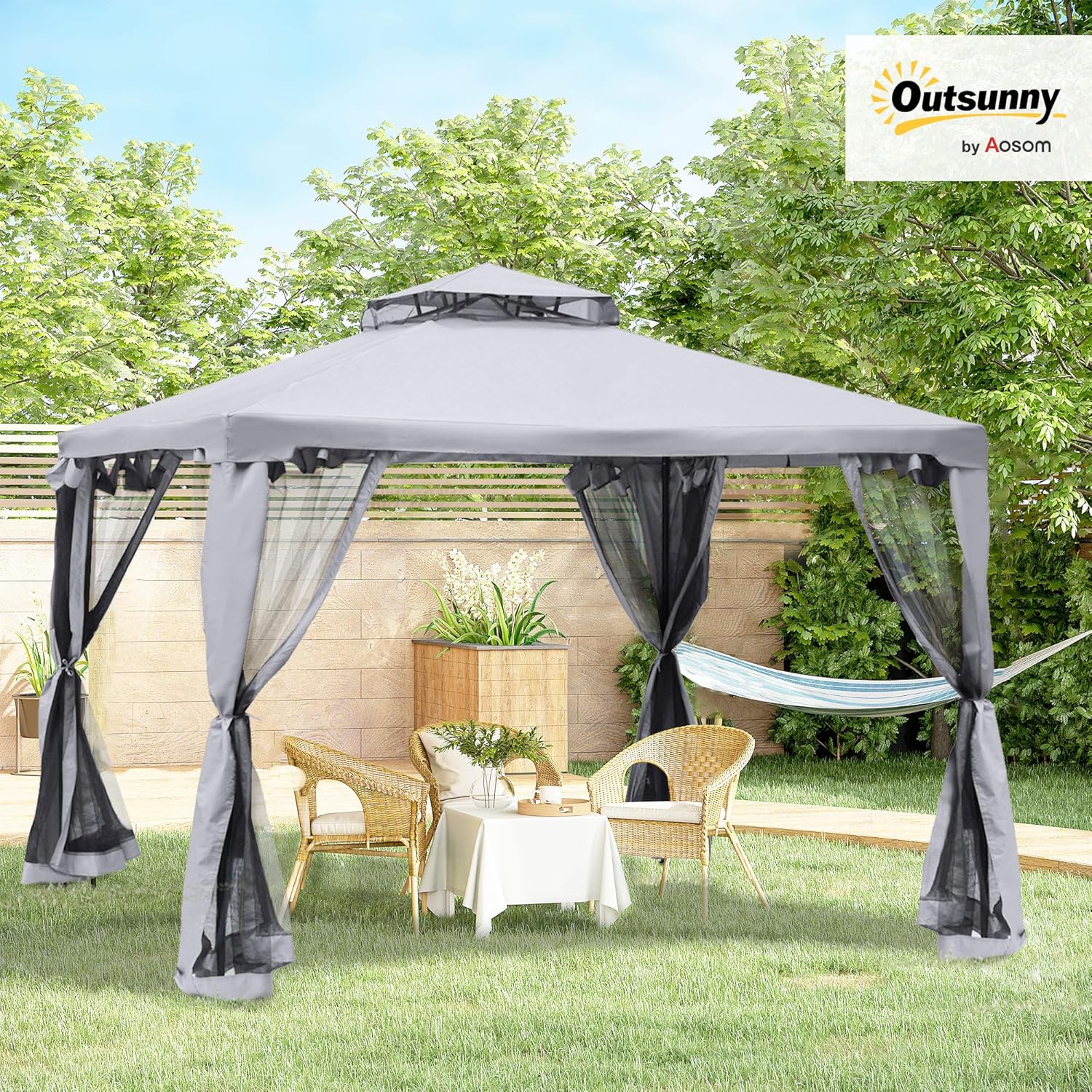 Outsunny Pavillon mit Doppeldach, ca. 3x3 m Stabil Winterfest Wasserdicht Garten-Pavillon mit Moskitonetz, Gartenpavillon mit Seitenteile, aus Metall, für Garten, Terrasse, Hellgrau — Ansicht 2