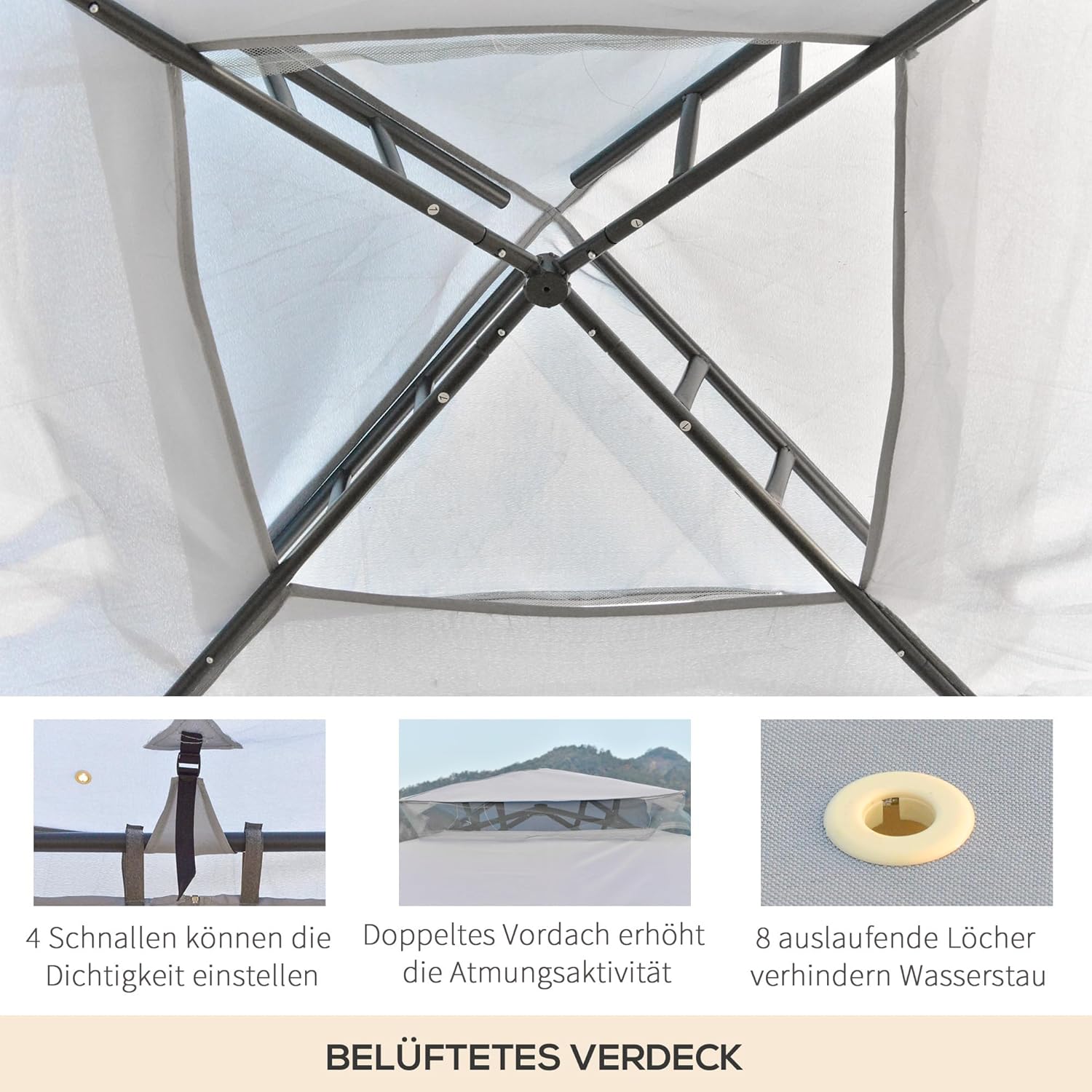 Outsunny Pavillon mit Doppeldach, ca. 3x3 m Stabil Winterfest Wasserdicht Garten-Pavillon mit Moskitonetz, Gartenpavillon mit Seitenteile, aus Metall, für Garten, Terrasse, Hellgrau — Ansicht 4