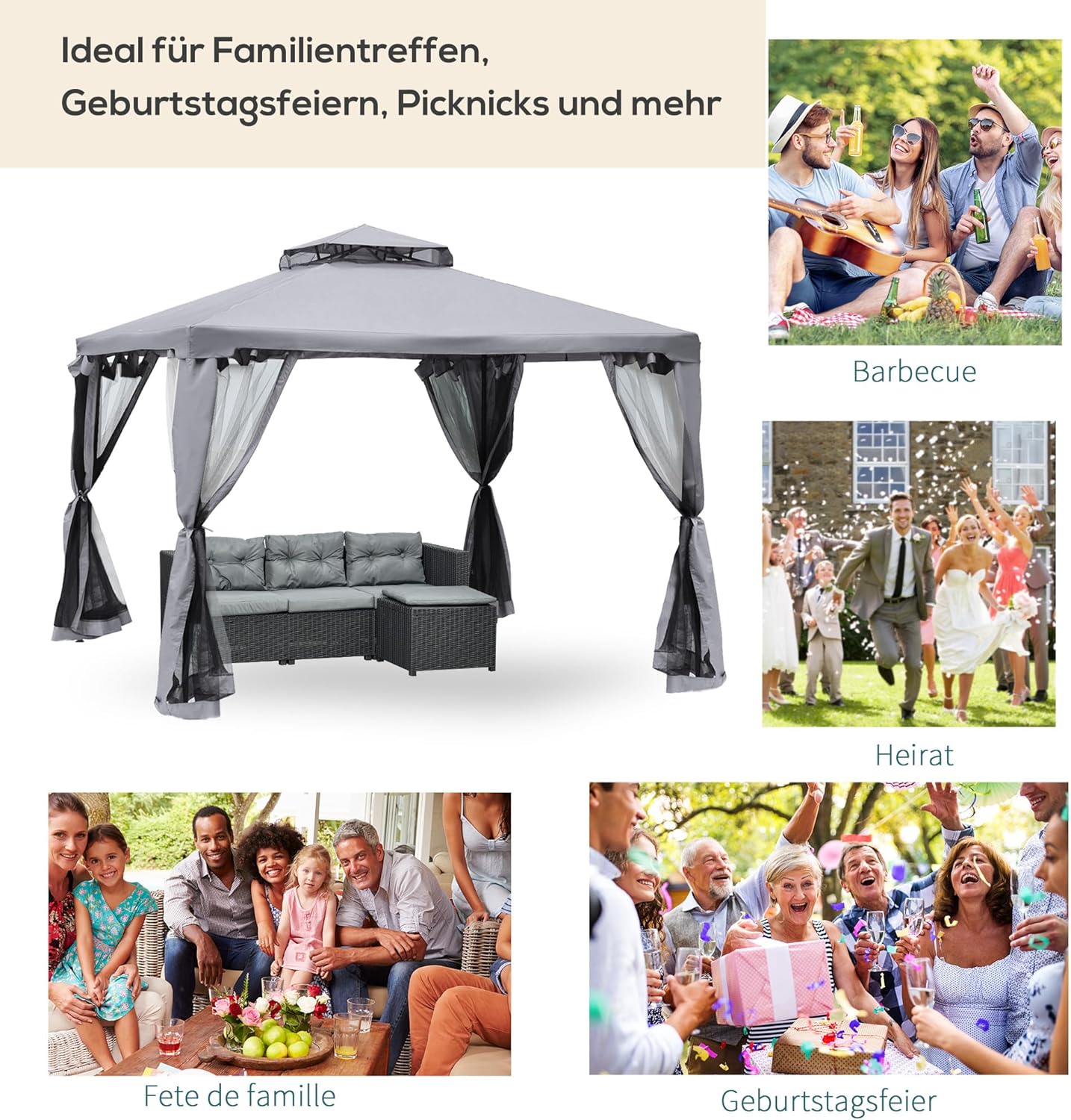 Outsunny Pavillon mit Doppeldach, ca. 3x3 m Stabil Winterfest Wasserdicht Garten-Pavillon mit Moskitonetz, Gartenpavillon mit Seitenteile, aus Metall, für Garten, Terrasse, Hellgrau — Ansicht 5